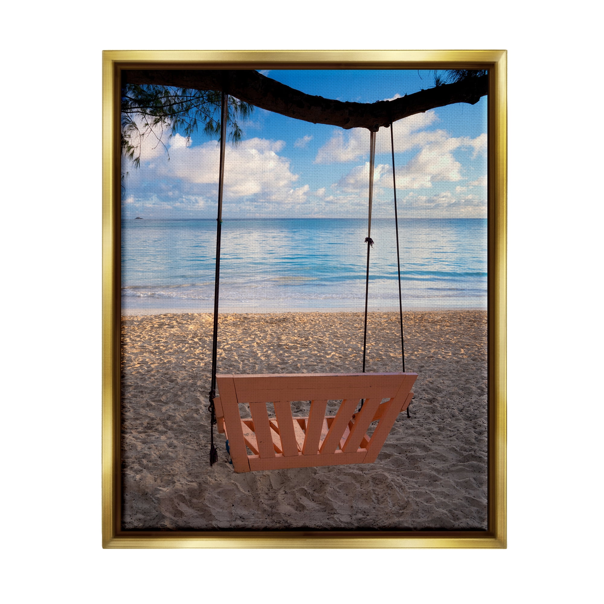 Stupell Industries Beach Swing Relaxing Shore View Coastal Photography Gold Floater Framed Art Print Wall Art
