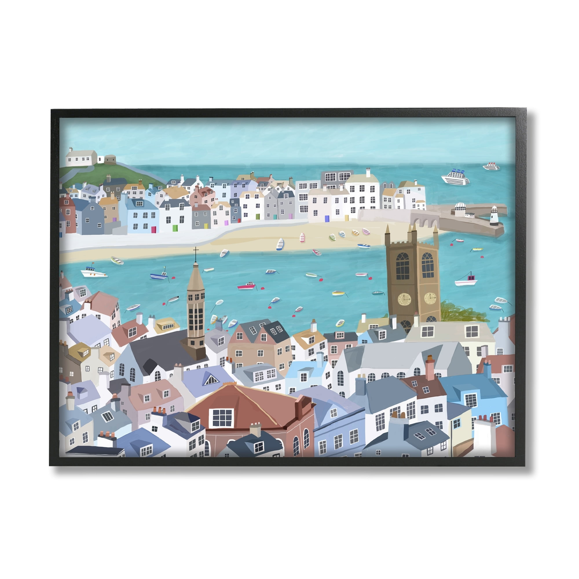 Stupell Industries Beach Town City Buildings Ocean View Illustration Graphic Art Black Framed Art Print Wall Art, 14x11, by Carla Daly