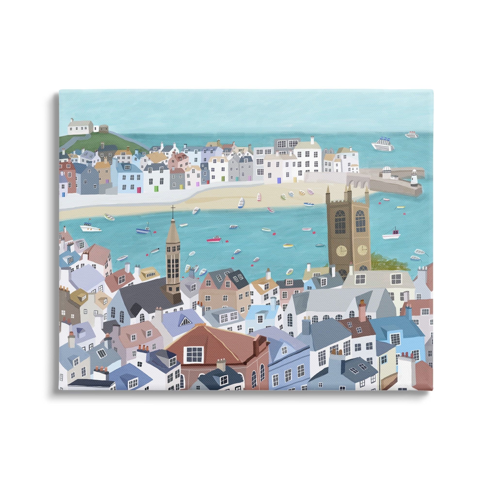 Stupell Industries Beach Town City Buildings Ocean View Illustration Graphic Art Gallery-Wrapped Canvas Print Wall Art, 20x16, by Carla Daly