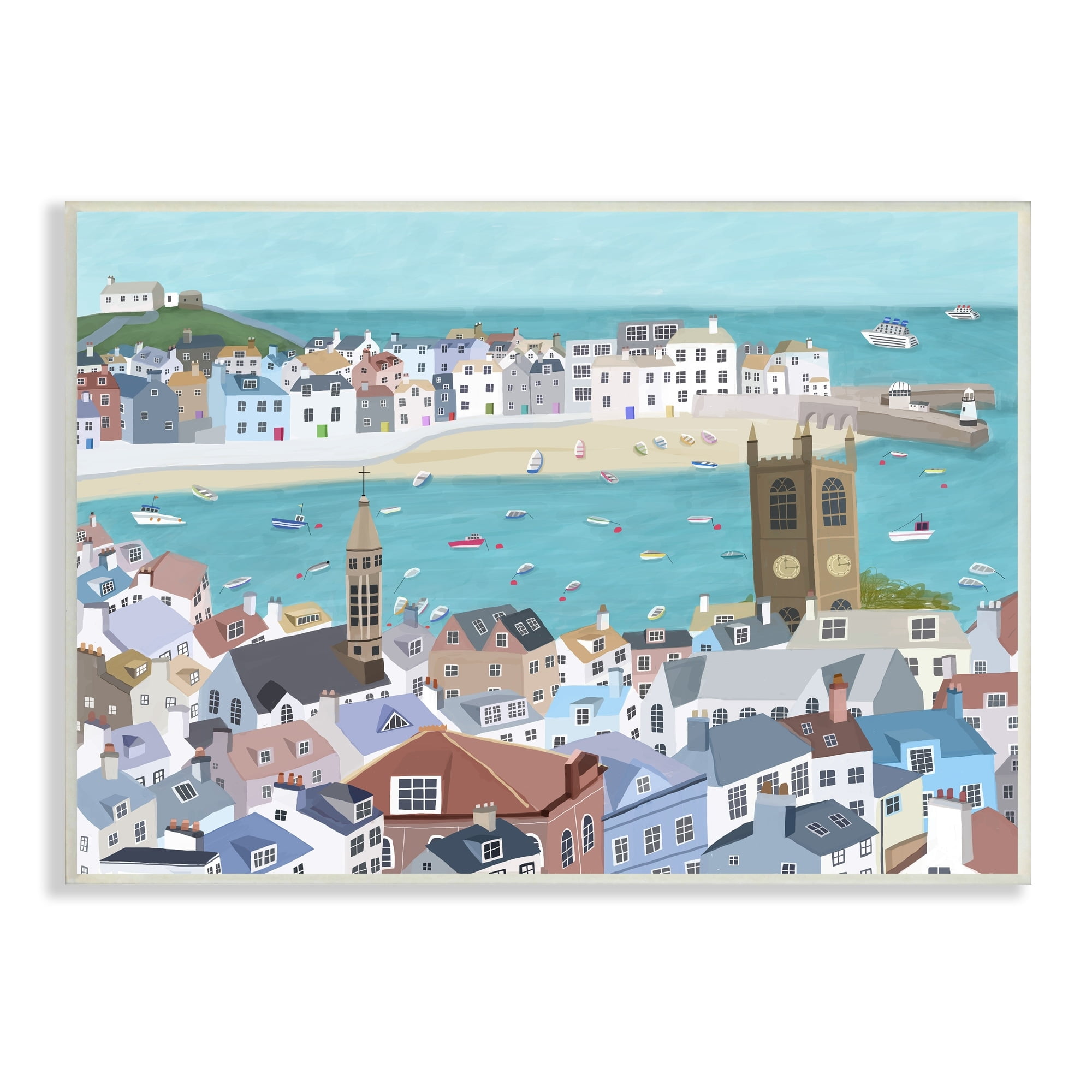 Stupell Industries Beach Town City Buildings Ocean View Illustration Graphic Art Unframed Art Print Wall Art, 19x13, by Carla Daly