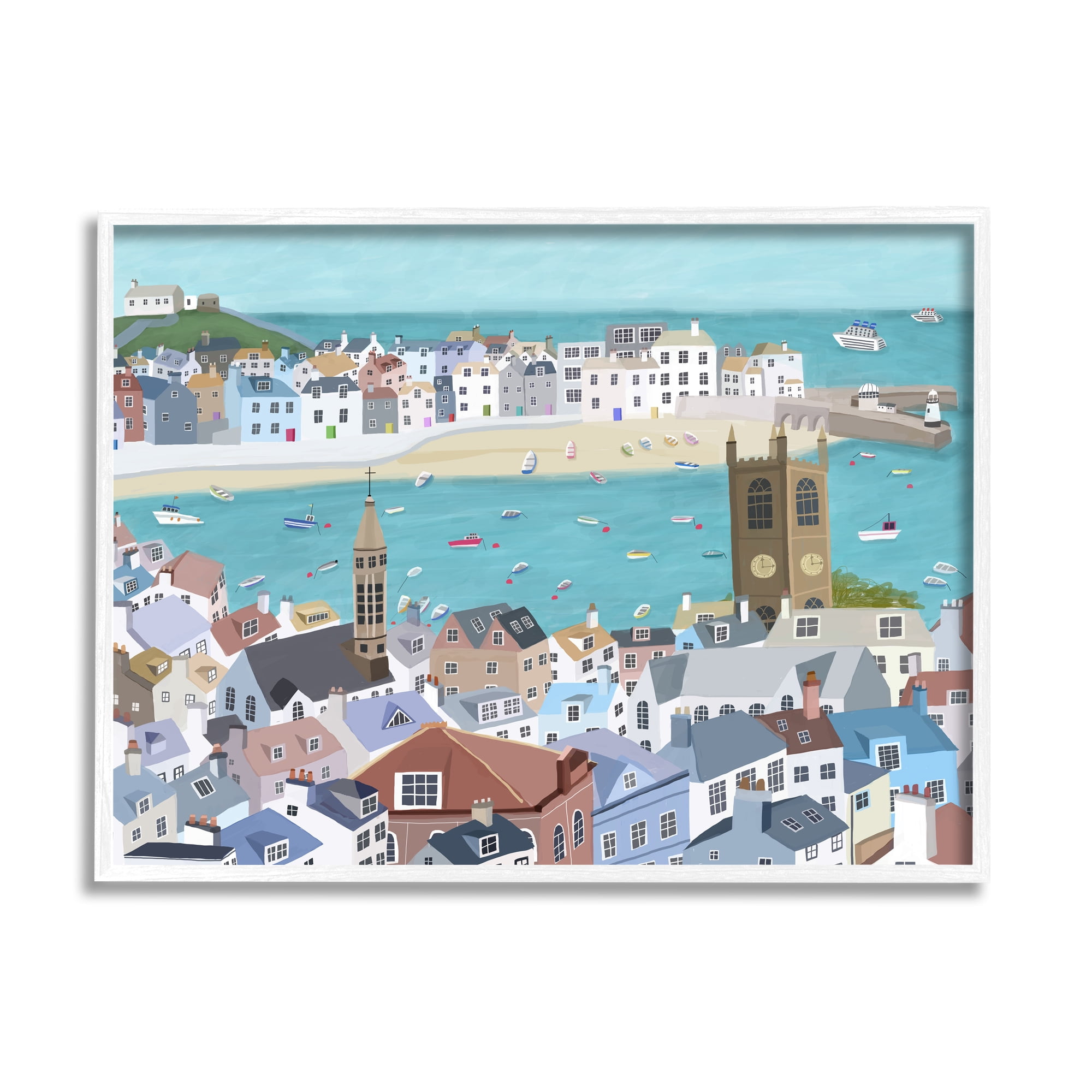 Stupell Industries Beach Town City Buildings Ocean View Illustration Graphic Art White Framed Art Print Wall Art, 20x16, by Carla Daly