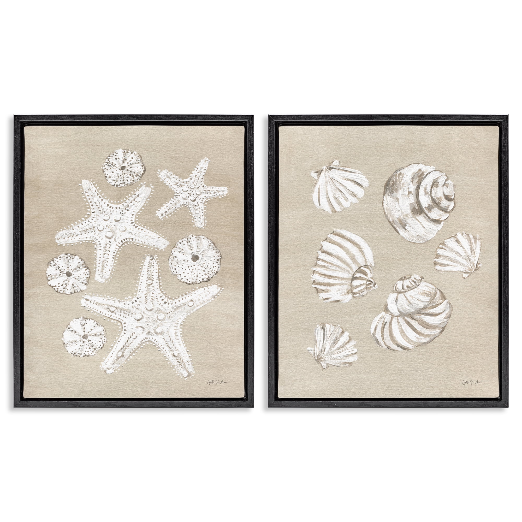 Stupell Industries Beach Treasure Starfish Shells Nautical & Beach Painting Black Floater Framed Canvas Art Print Wall Art, 17 x 21, Set of 2