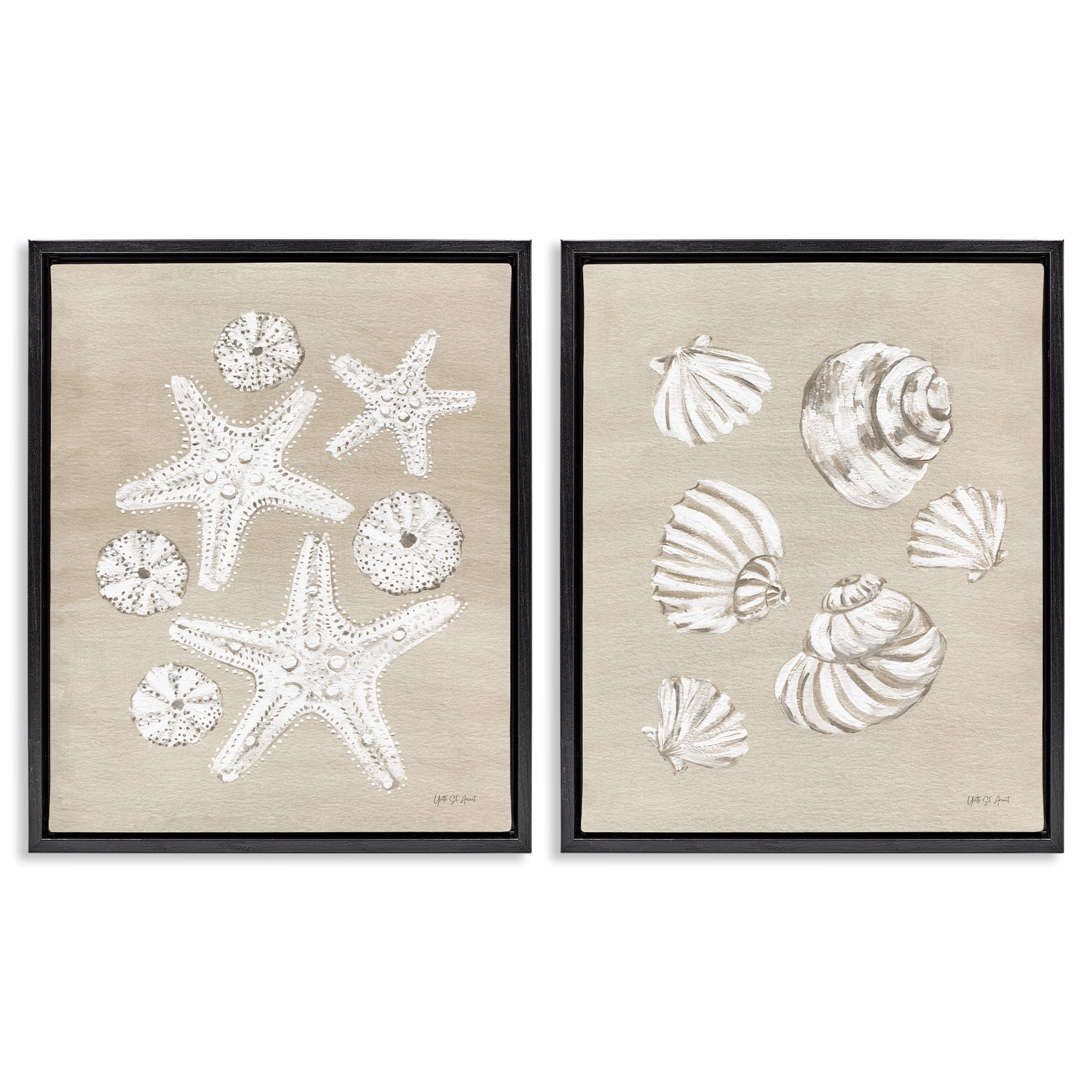 Stupell Industries Beach Treasure Starfish Shells Nautical & Beach Painting Black Floater Framed Canvas Art Print Wall Art, 31 x 25, Set of 2