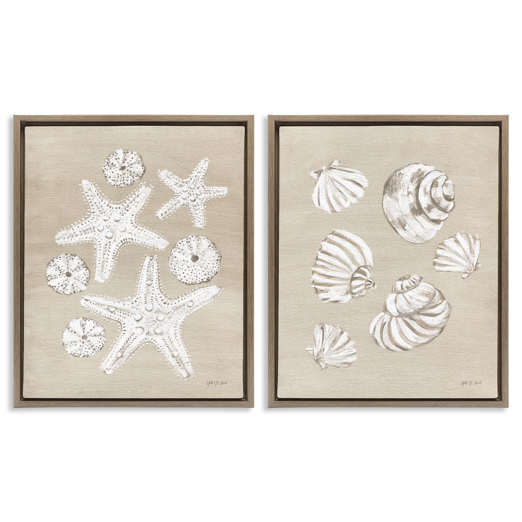 Stupell Industries Beach Treasure Starfish Shells Nautical & Beach Painting Brown Floater Framed Canvas Art Print Wall Art, 31 x 25, Set of 2