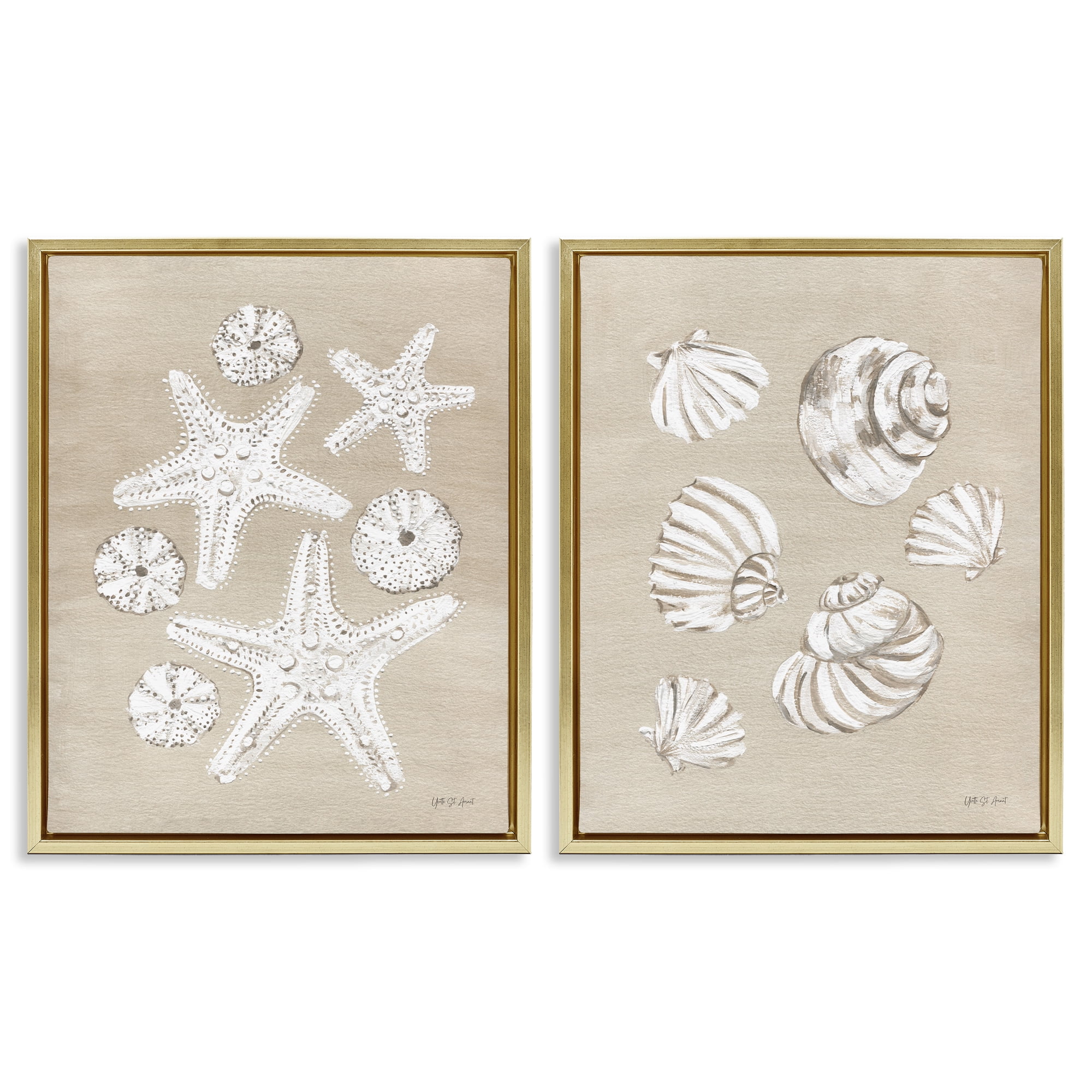 Stupell Industries Beach Treasure Starfish Shells Nautical & Beach Painting Gold Floater Framed Canvas Art Print Wall Art, 17 x 21, Set of 2