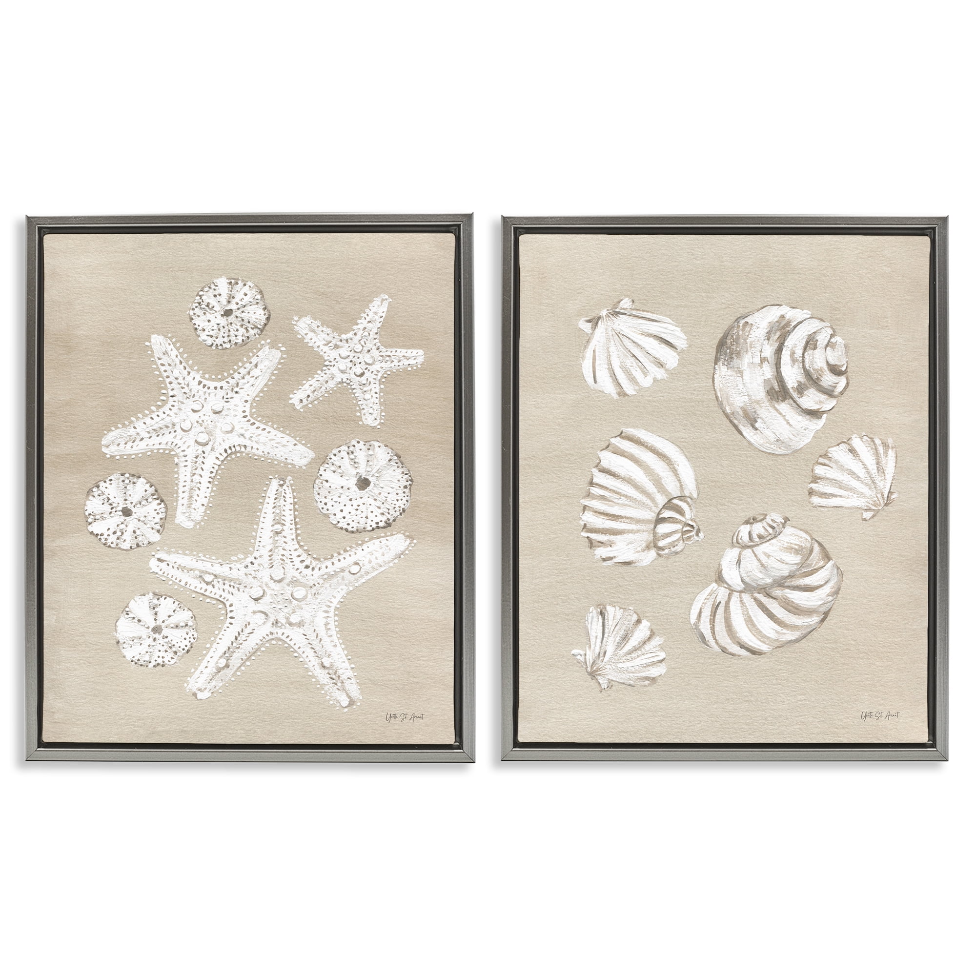Stupell Industries Beach Treasure Starfish Shells Nautical & Beach Painting Gray Floater Framed Canvas Art Print Wall Art, 17 x 21, Set of 2