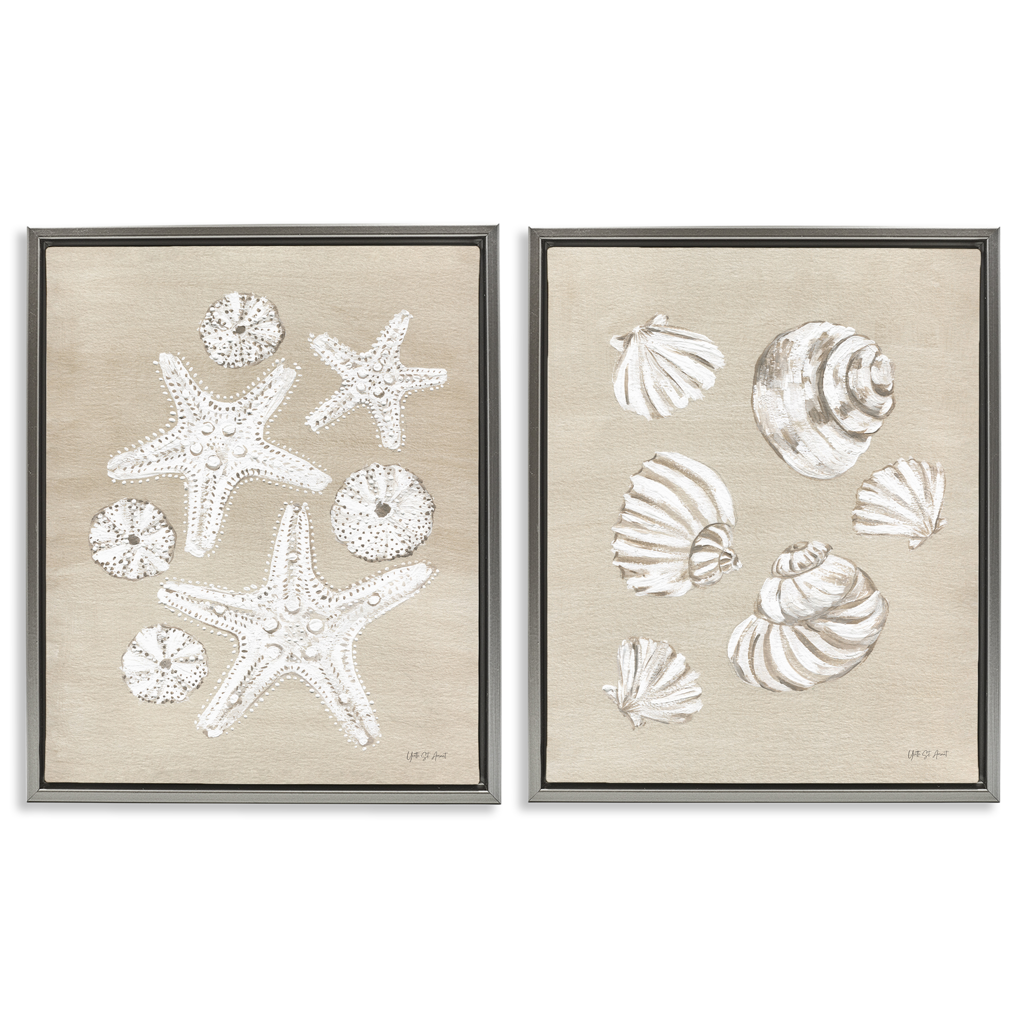 Stupell Industries Beach Treasure Starfish Shells Nautical & Beach Painting Gray Floater Framed Canvas Art Print Wall Art, 31 x 25, Set of 2