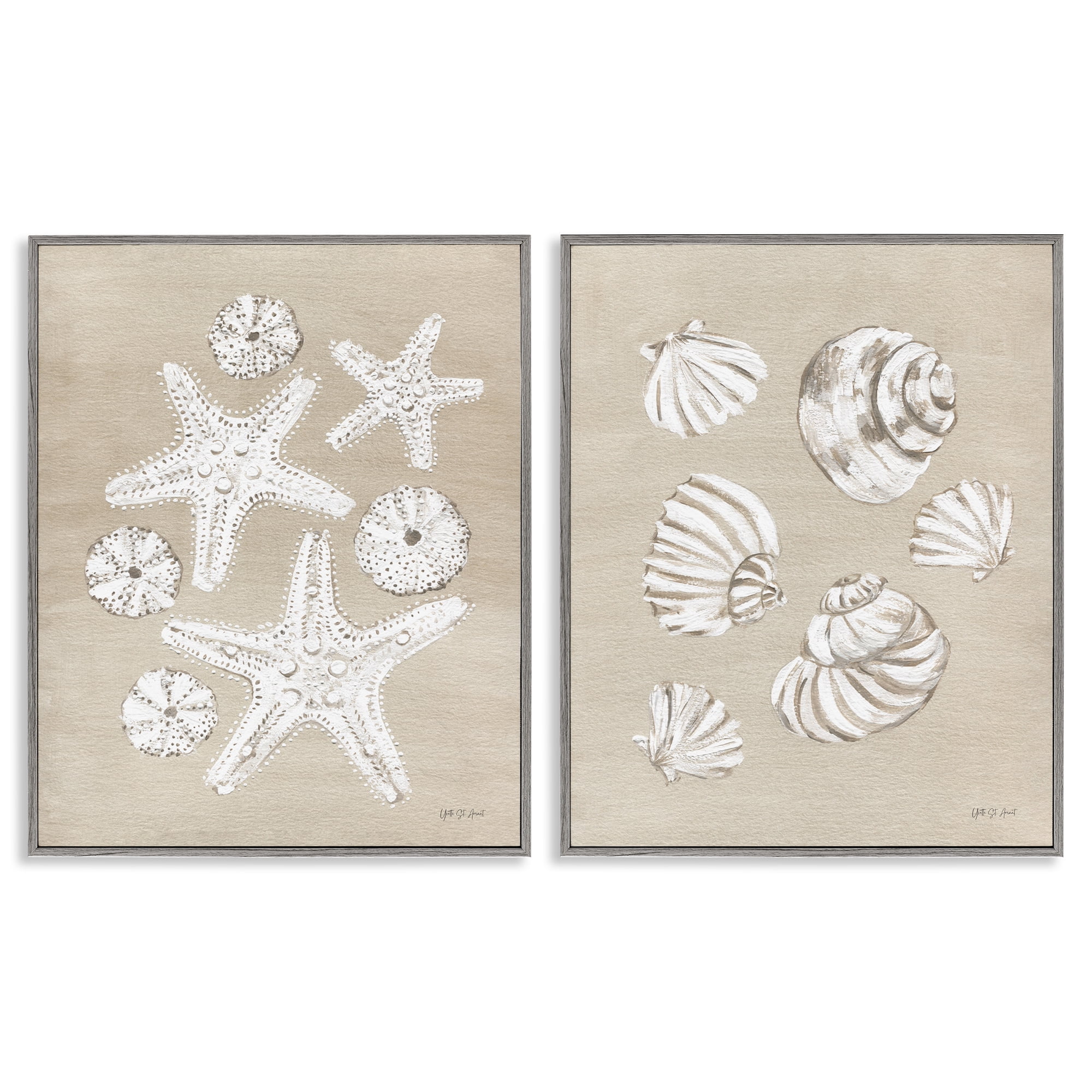 Stupell Industries Beach Treasure Starfish Shells Nautical & Beach Painting Gray Framed Art Print Wall Art, 11 x 14, Set of 2