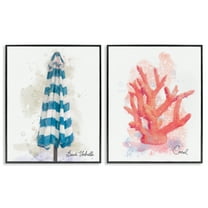 Stupell Industries Beach Umbrella & Coral Branch 2 Piece Black Framed Giclee Art Set design by Matthew Piotrowicz, 14 x 11