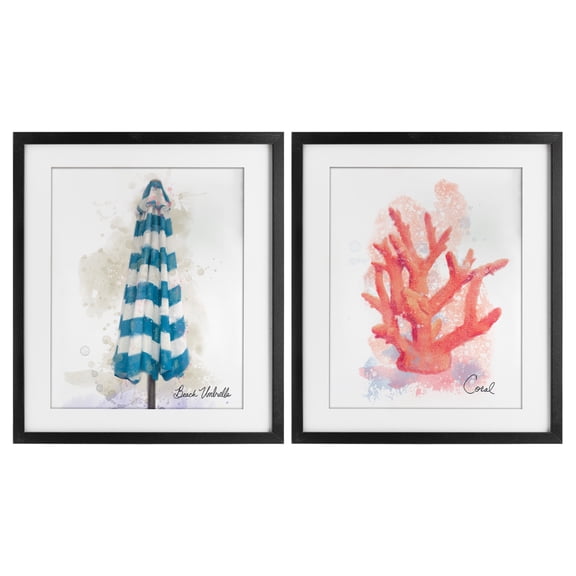Stupell Industries Beach Umbrella & Coral Branch 2 Piece Black Framed Print Under Glass Set design by Matthew Piotrowicz, 16 x 13