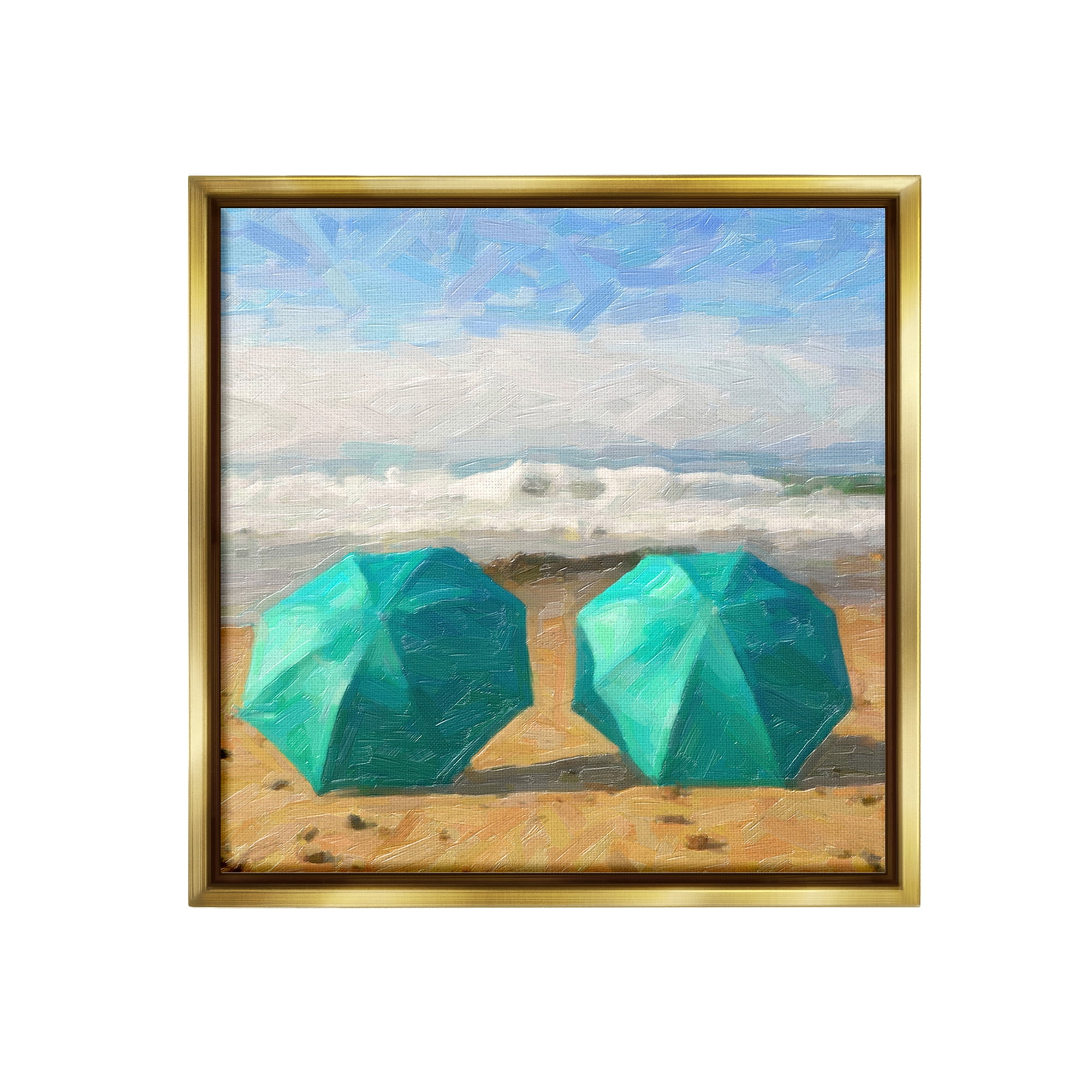 Stupell Industries Beach Umbrella Duo Landscape Painting Gold Floater Framed Canvas Art Print Wall Art, 25 x 25
