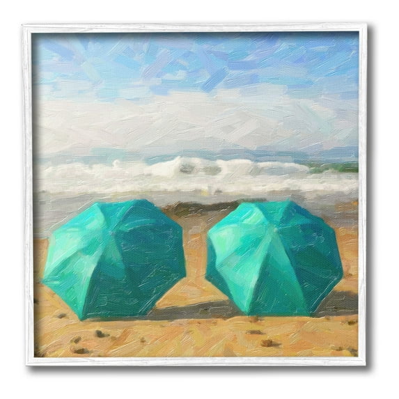 Stupell Industries Beach Umbrella Duo Landscape Painting White Framed Art Print Wall Art, 24 x 24