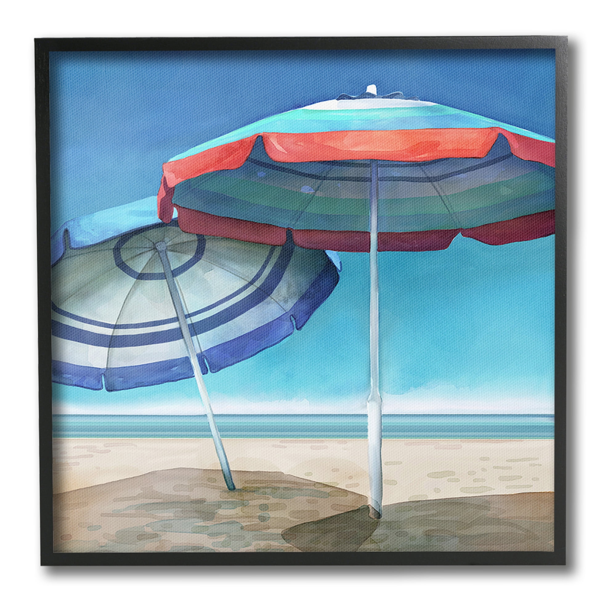 Stupell Industries Beach Umbrella Shadows Landscape Painting Black Framed Art Print Wall Art, 12 x 12