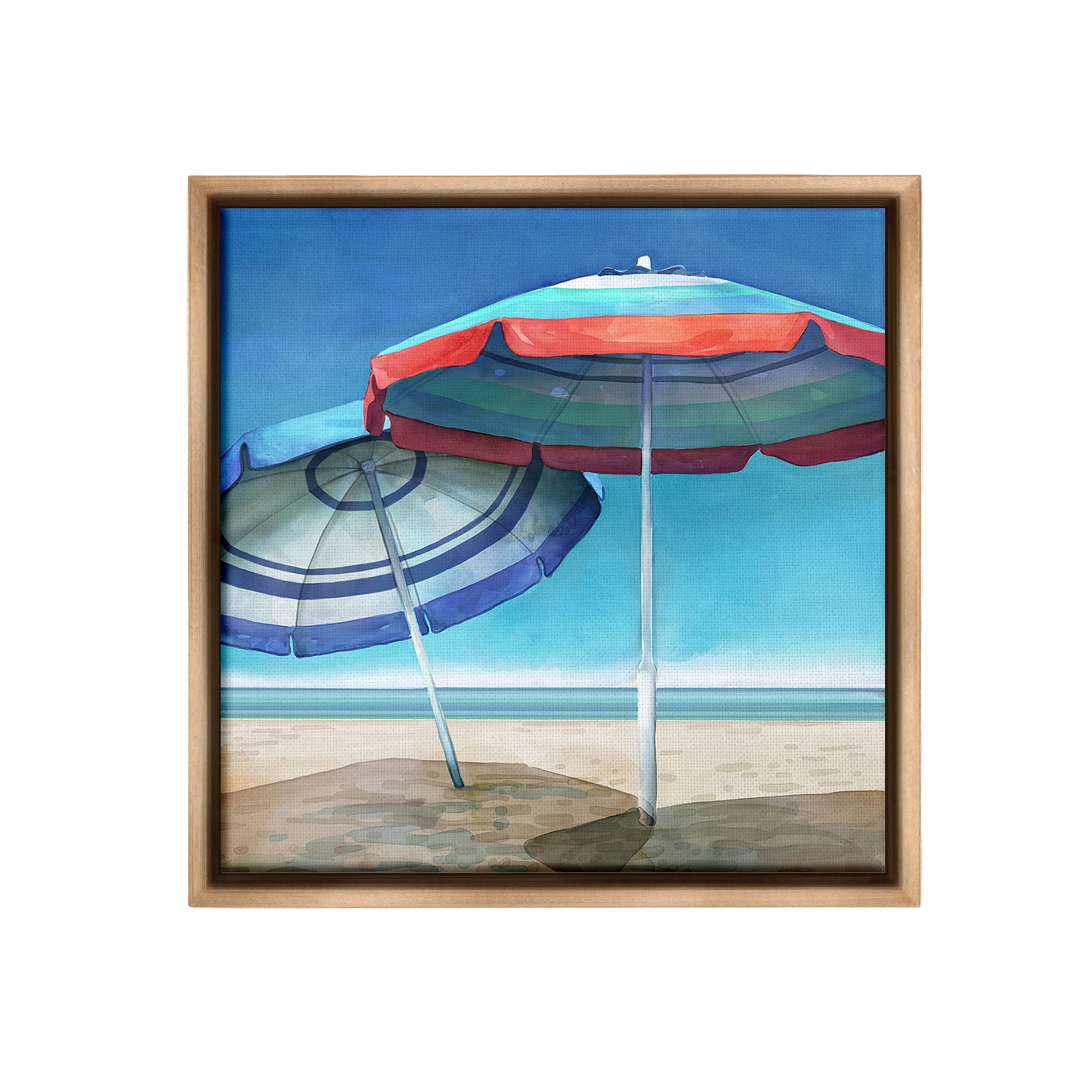 Stupell Industries Beach Umbrella Shadows Landscape Painting Brown Floater Framed Canvas Art Print Wall Art, 25 x 25