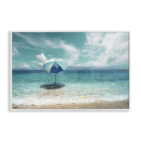 Stupell Industries Beach Umbrella in Shoreline Beach Photography White Framed Art Print Wall Art, 18 x 12