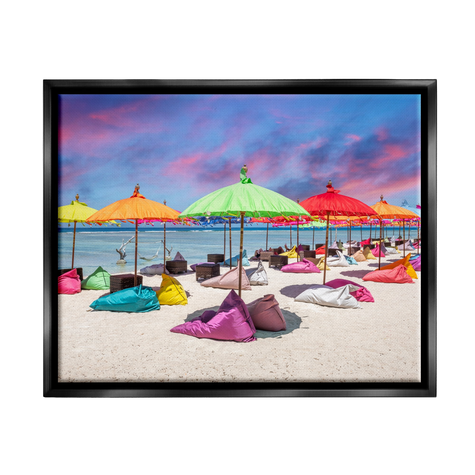Stupell Industries Beach Umbrellas on Shore Landscape Photography Black Floater Framed Canvas Art Print Wall Art, 31 x 25