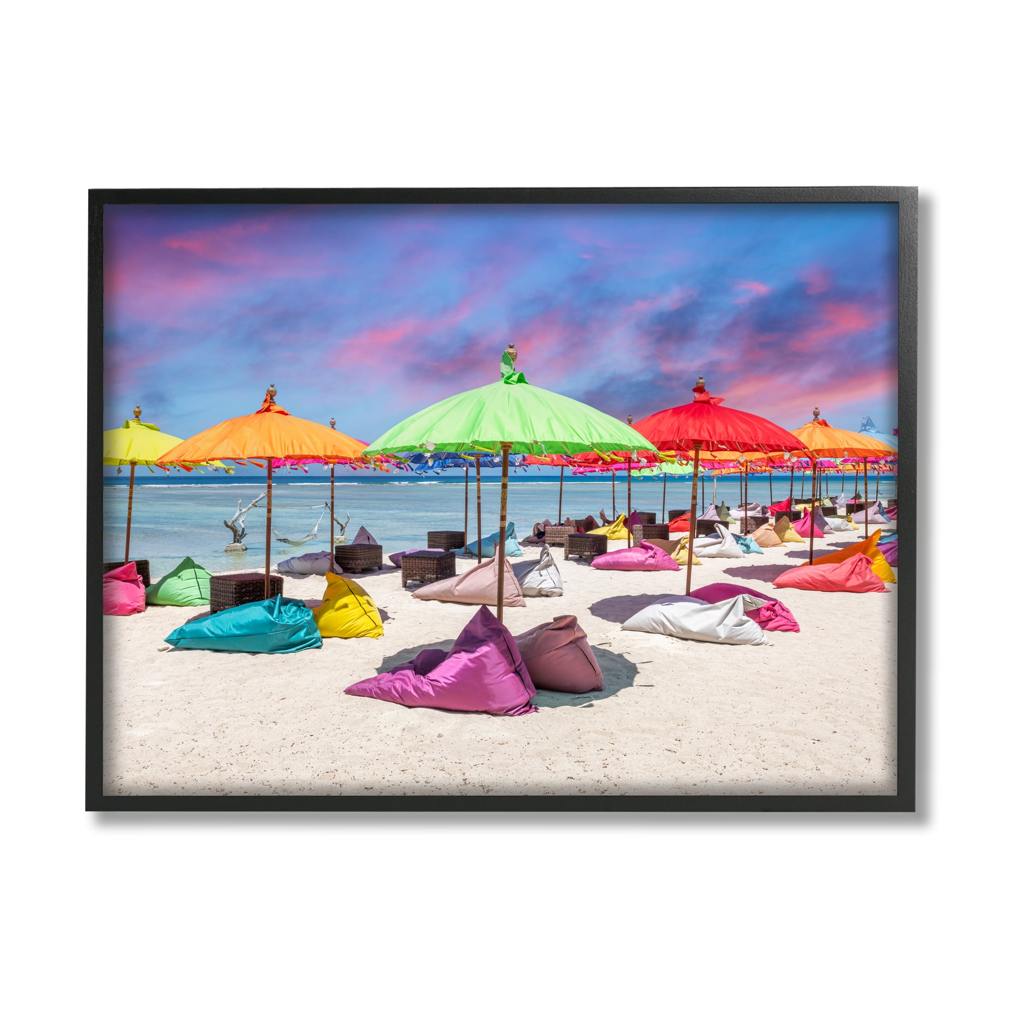 Stupell Industries Beach Umbrellas on Shore Landscape Photography Black Framed Art Print Wall Art, 20 x 16