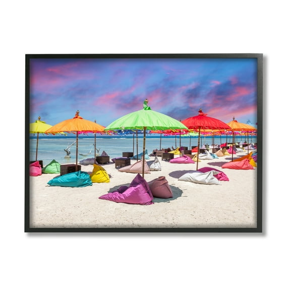 Stupell Industries Beach Umbrellas on Shore Landscape Photography Black Framed Art Print Wall Art, 20 x 16