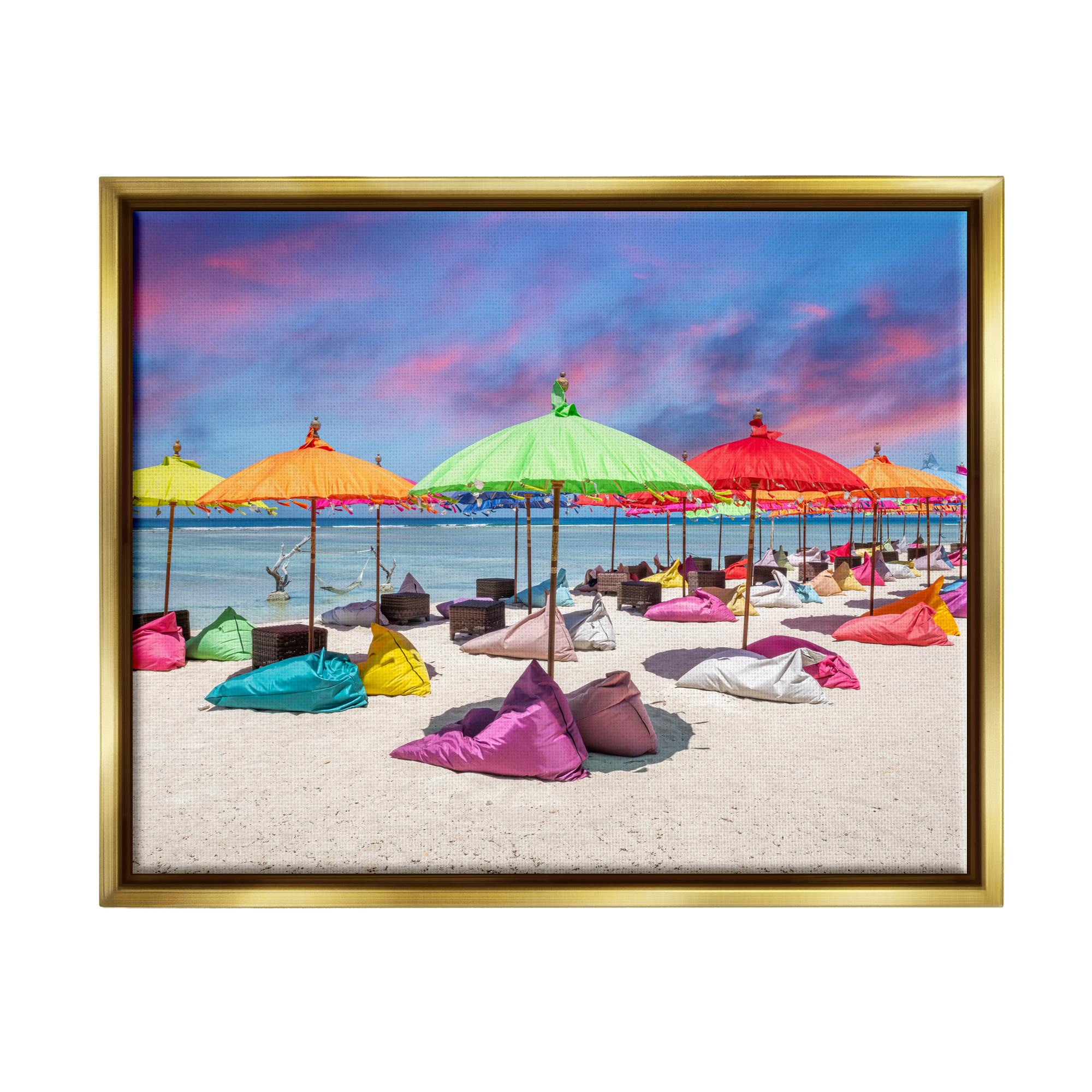 Stupell Industries Beach Umbrellas on Shore Landscape Photography Gold Floater Framed Canvas Art Print Wall Art, 21 x 17