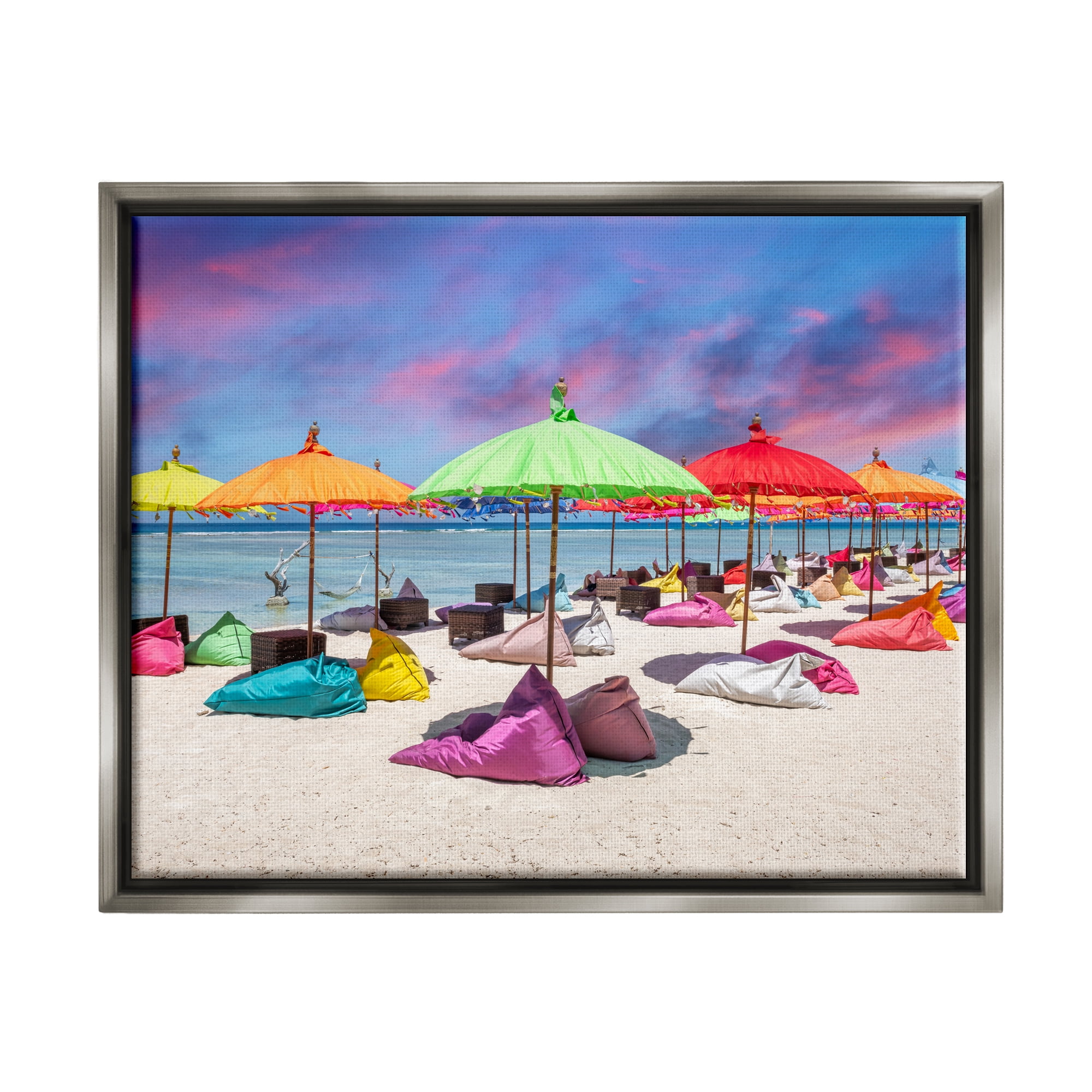 Stupell Industries Beach Umbrellas on Shore Landscape Photography Gray Floater Framed Canvas Art Print Wall Art, 31 x 25
