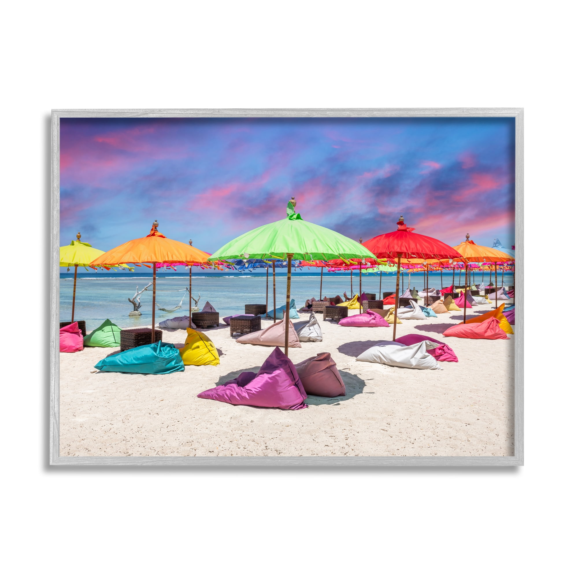 Stupell Industries Beach Umbrellas on Shore Landscape Photography Gray Framed Art Print Wall Art, 20 x 16