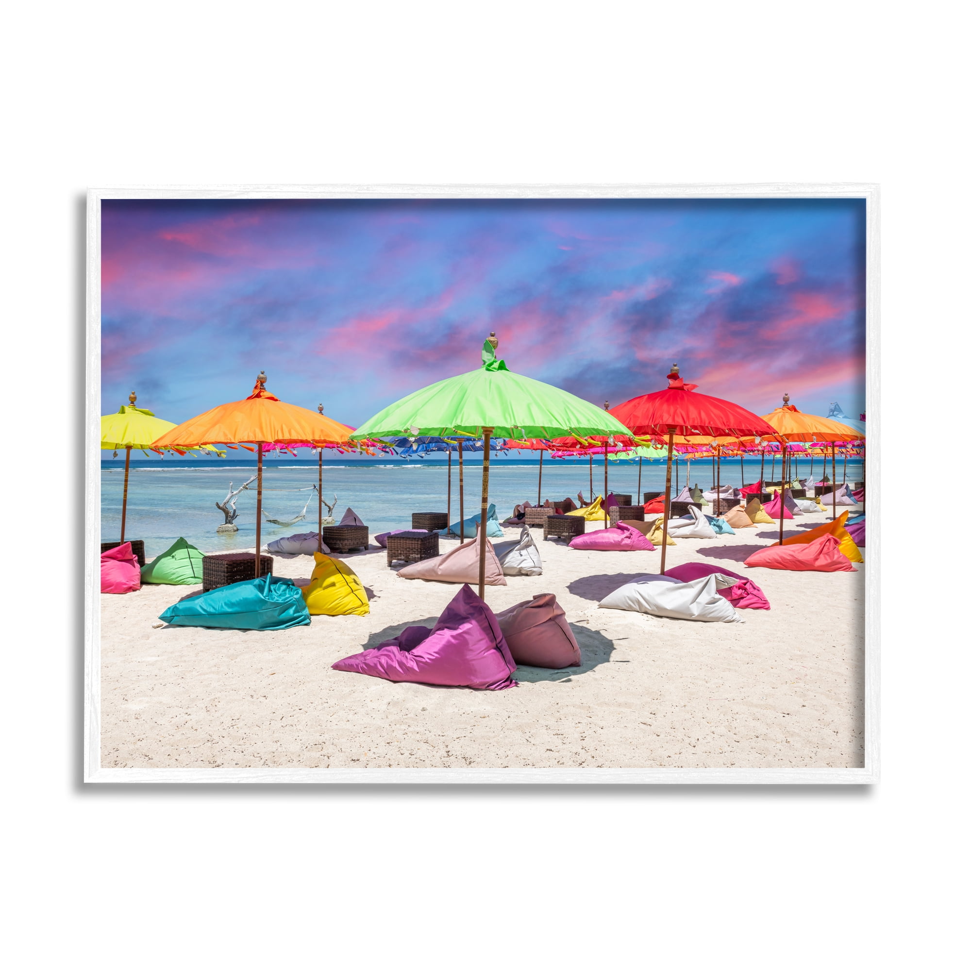 Stupell Industries Beach Umbrellas on Shore Landscape Photography White Framed Art Print Wall Art, 14 x 11