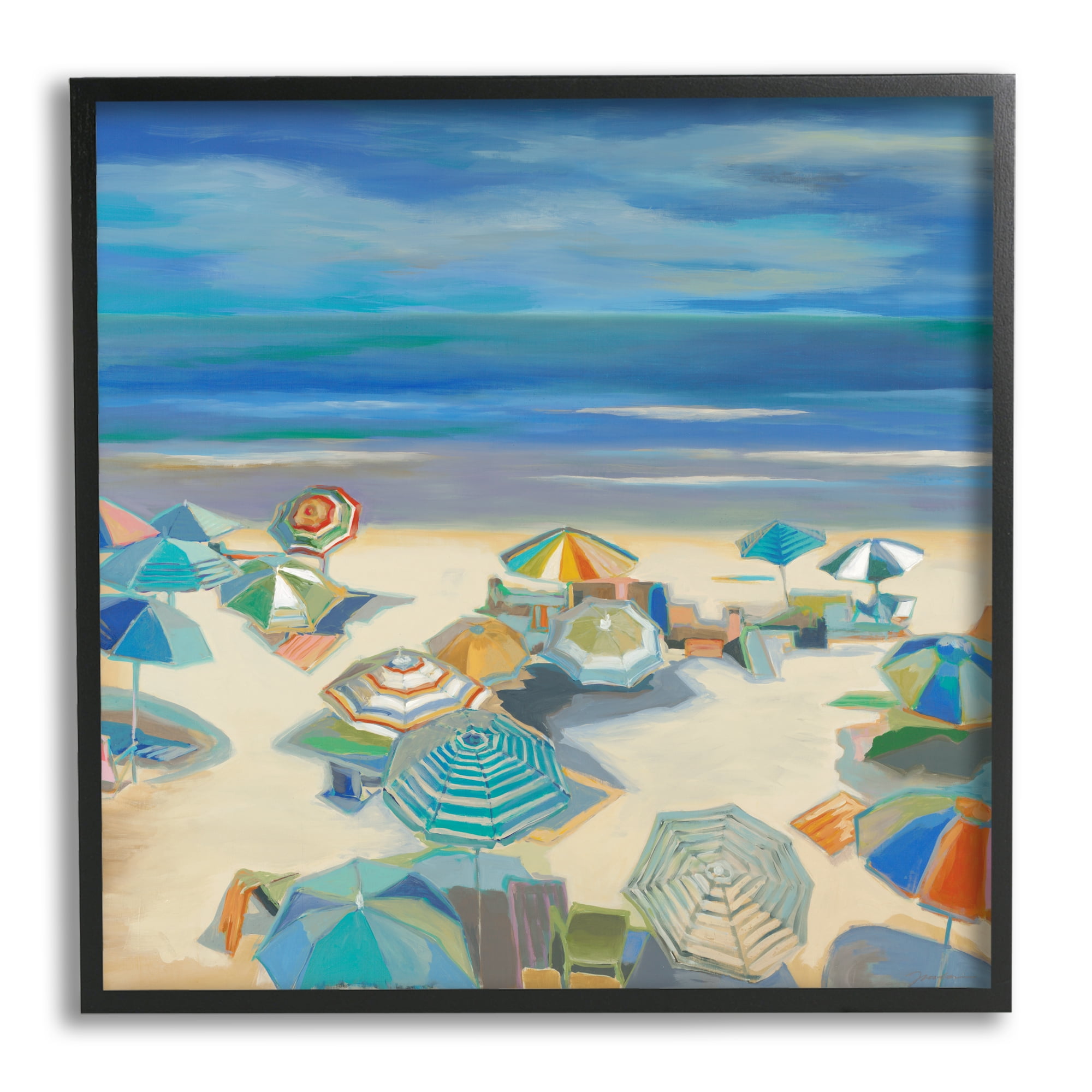 Stupell Industries Beach Umbrellas on Shore Nature Painting Black Framed Art Print Wall Art, 12 x 12