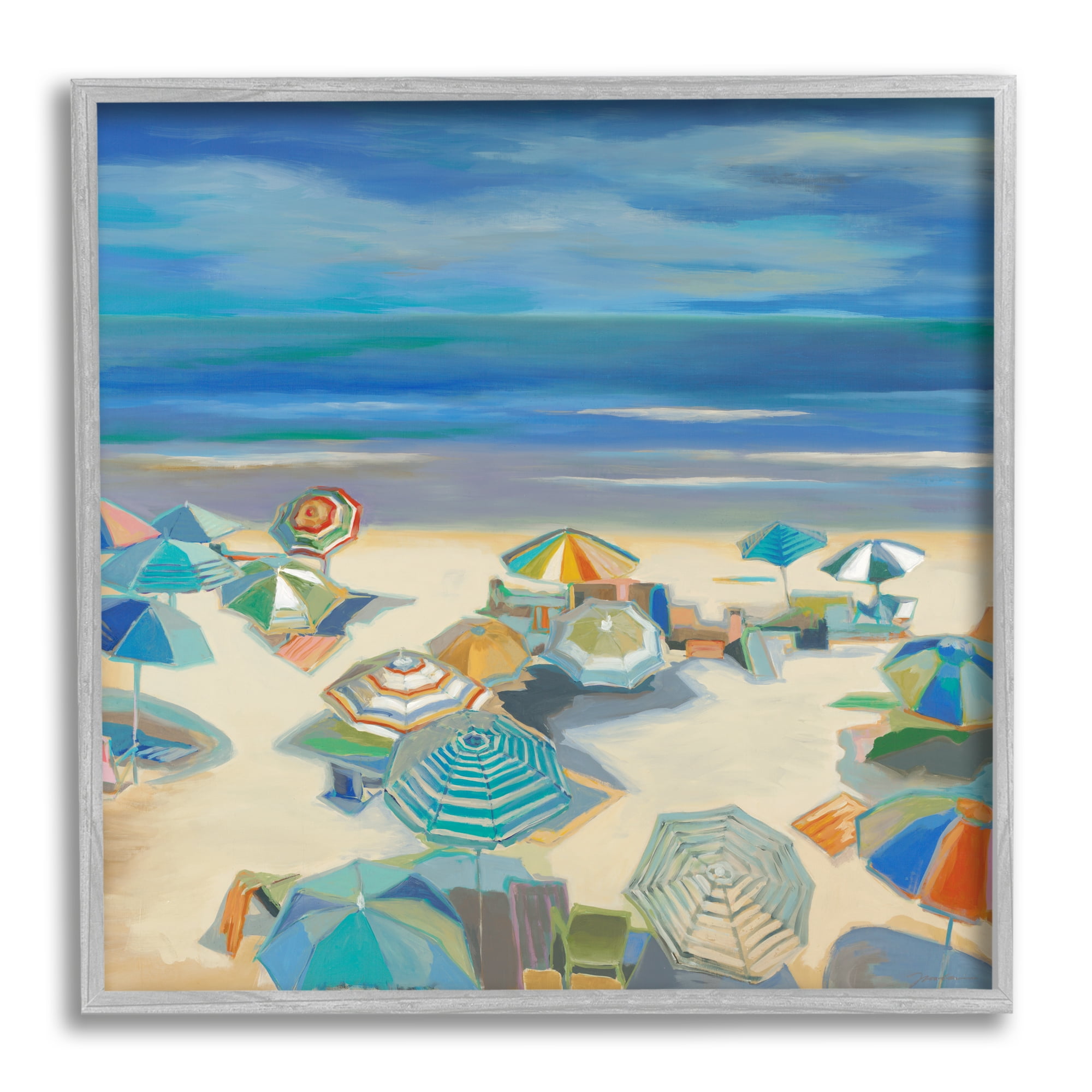 Stupell Industries Beach Umbrellas on Shore Nature Painting Gray Framed Art Print Wall Art, 12 x 12