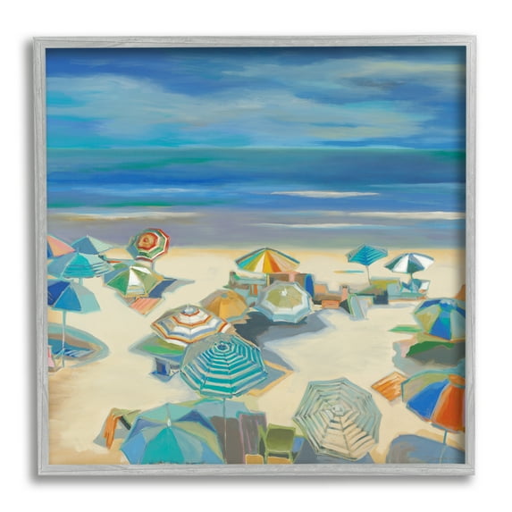 Stupell Industries Beach Umbrellas on Shore Nature Painting Gray Framed Art Print Wall Art, 17 x 17
