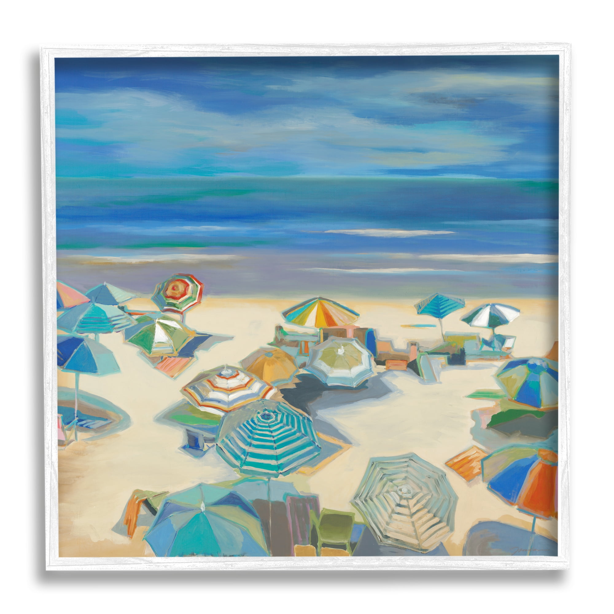Stupell Industries Beach Umbrellas on Shore Nature Painting White Framed Art Print Wall Art, 12 x 12