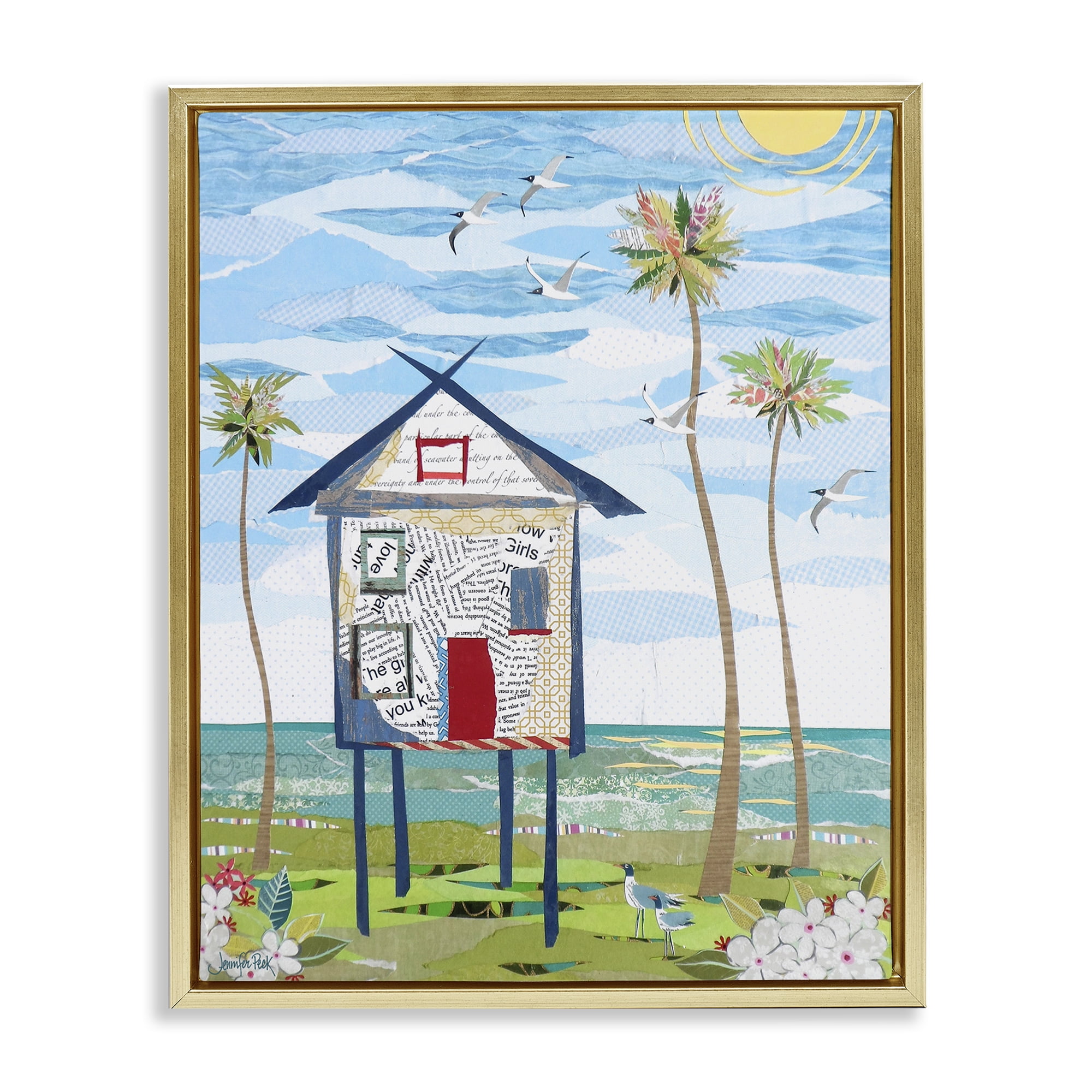 Stupell Industries Beach Vacation Getaway Coastal Painting Gold Floater Framed Canvas Art Print Wall Art, 25 x 31