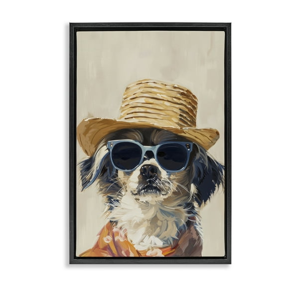 Stupell Industries Beach Vacation Pup Animals & Insects Painting Black Floater Framed Canvas Art Print Wall Art, 17 x 25