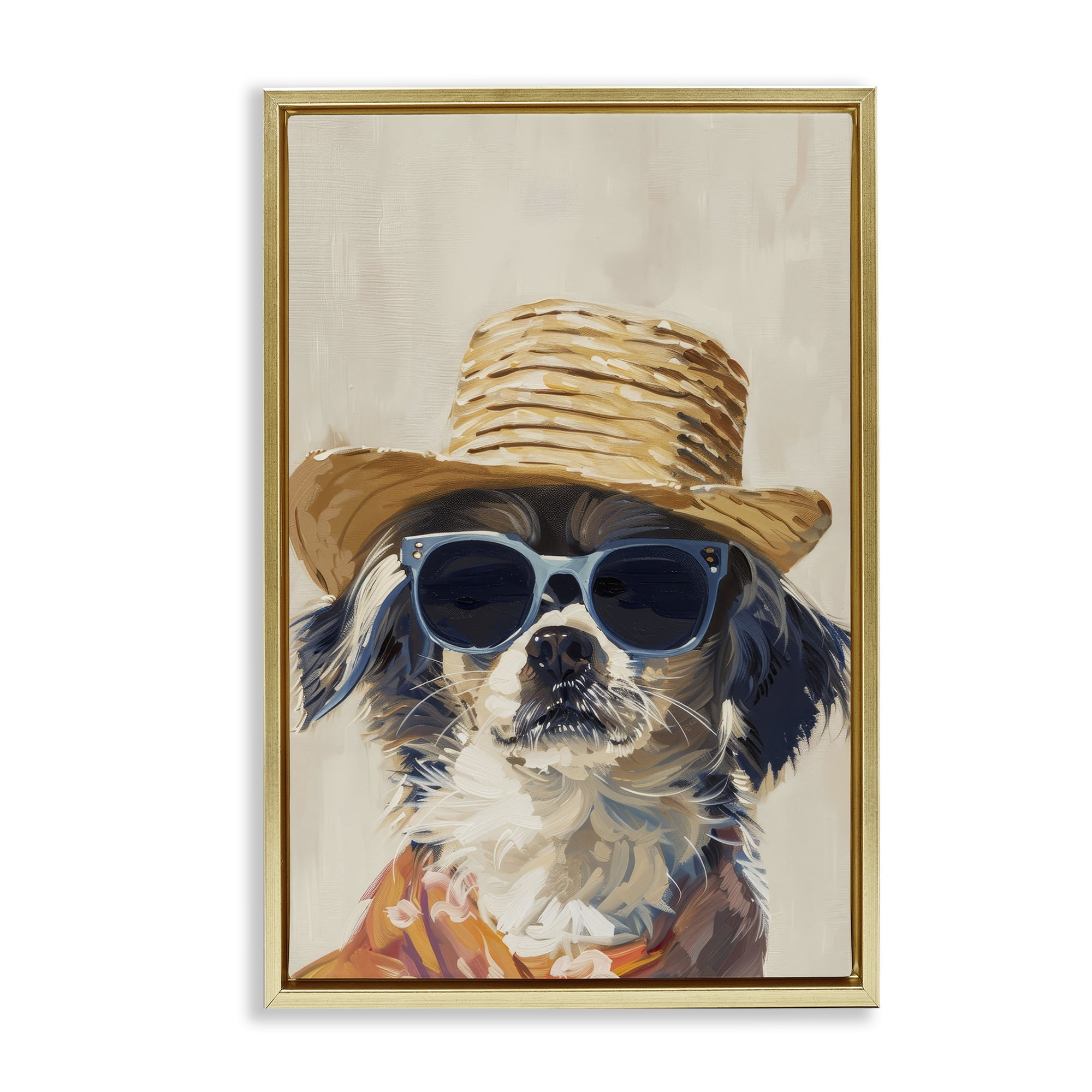 Stupell Industries Beach Vacation Pup Animals & Insects Painting Gold Floater Framed Canvas Art Print Wall Art, 17 x 25