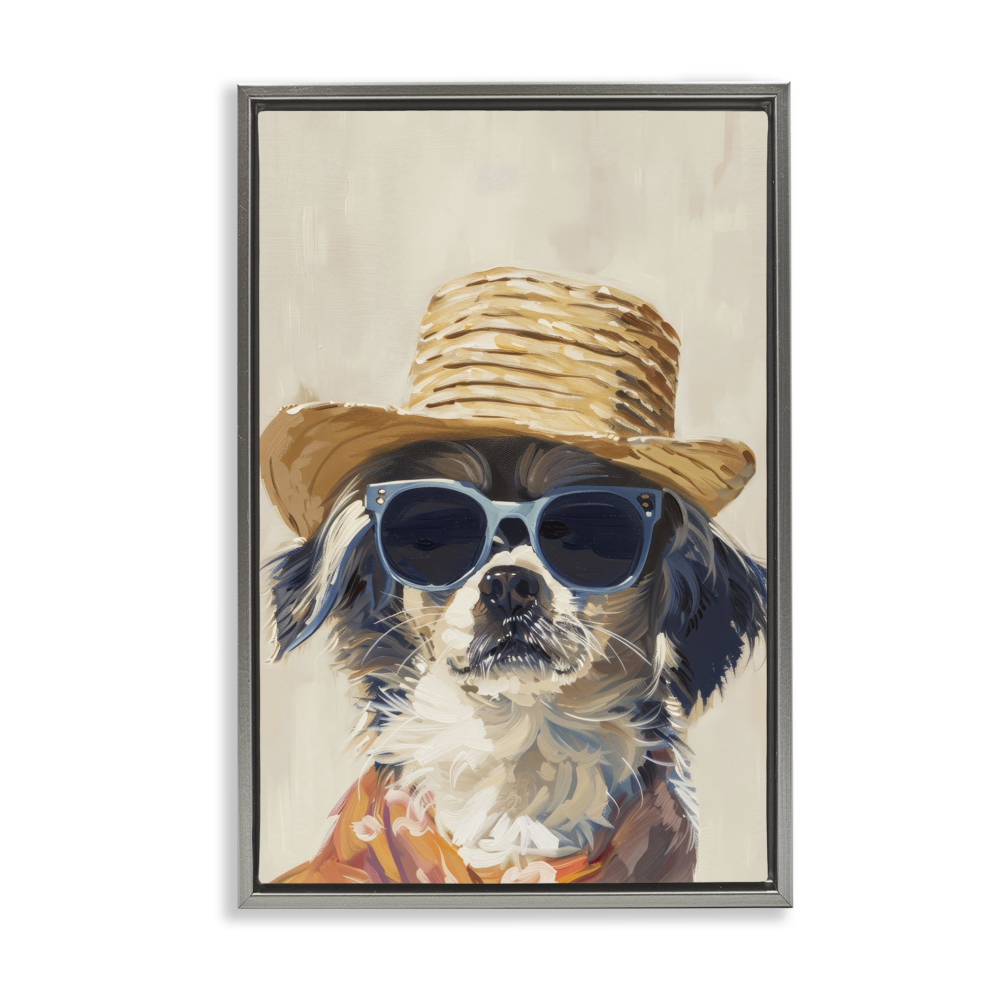 Stupell Industries Beach Vacation Pup Animals & Insects Painting Gray Floater Framed Canvas Art Print Wall Art, 21 x 31