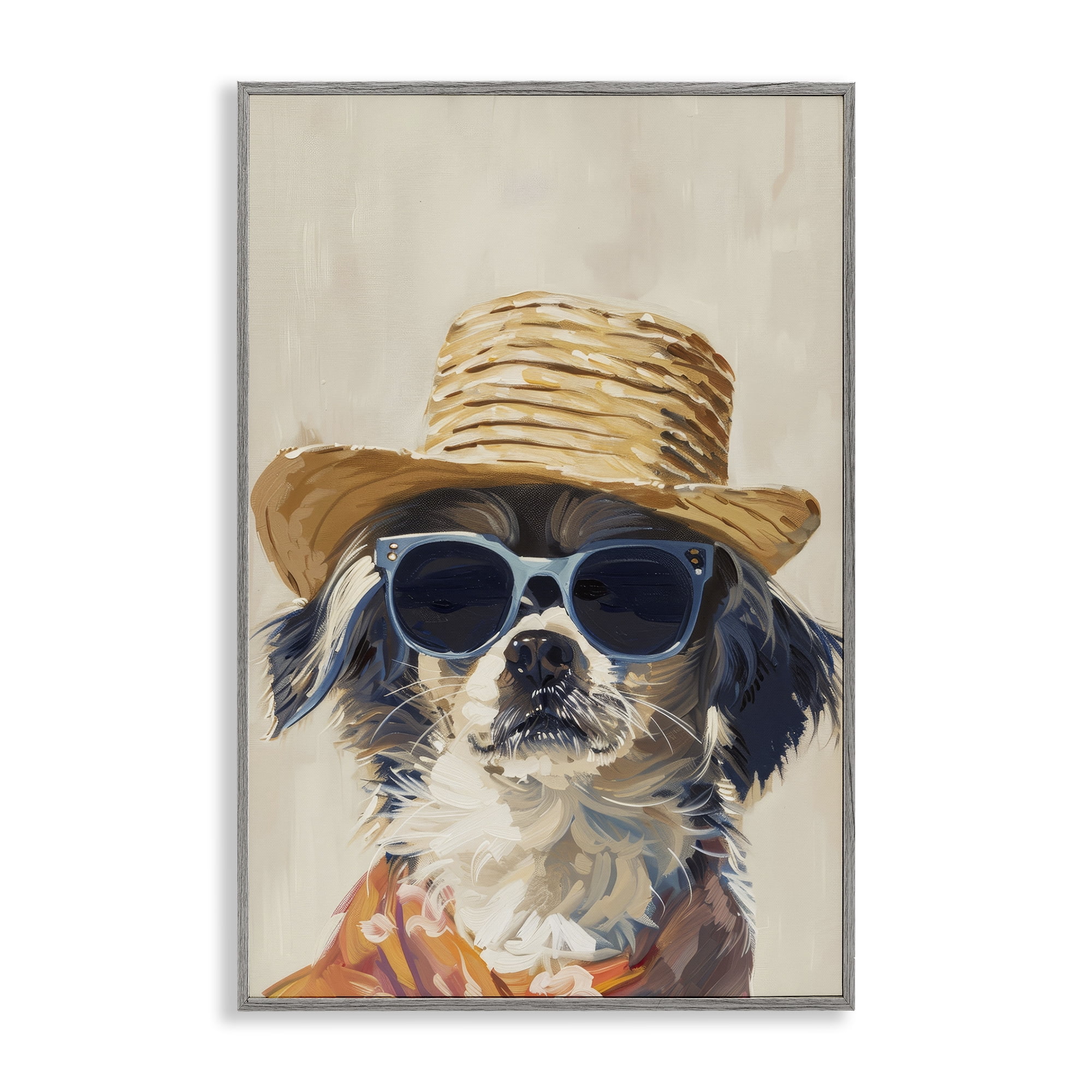 Stupell Industries Beach Vacation Pup Animals & Insects Painting Gray Framed Art Print Wall Art, 12 x 18