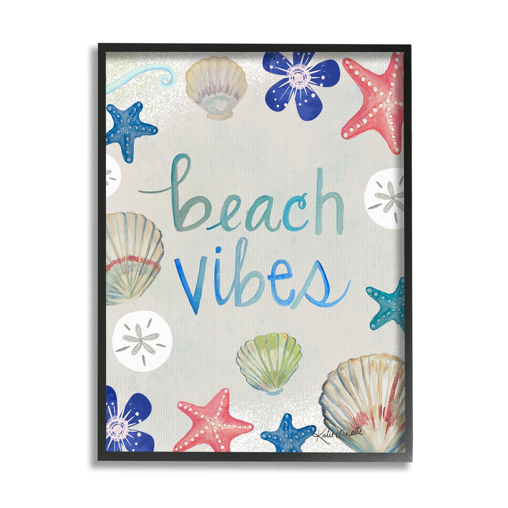 Stupell Industries Beach Vibes Calligraphy Nautical Seashell Flowers Graphic Art Black Framed Art Print Wall Art, Design by Katie Doucette