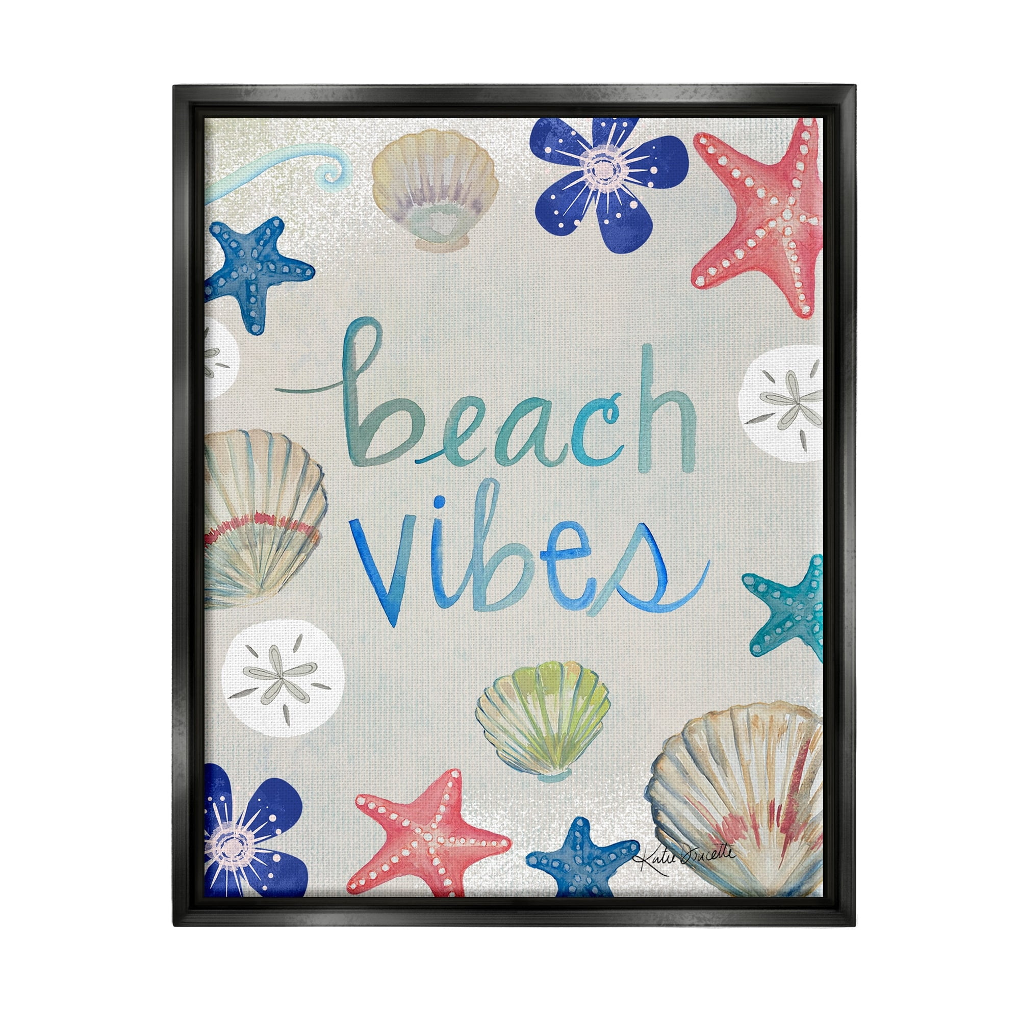 Stupell Industries Beach Vibes Calligraphy Nautical Seashell Flowers Graphic Art Jet Black Floating Framed Canvas Print Wall Art, Design by Katie Doucette