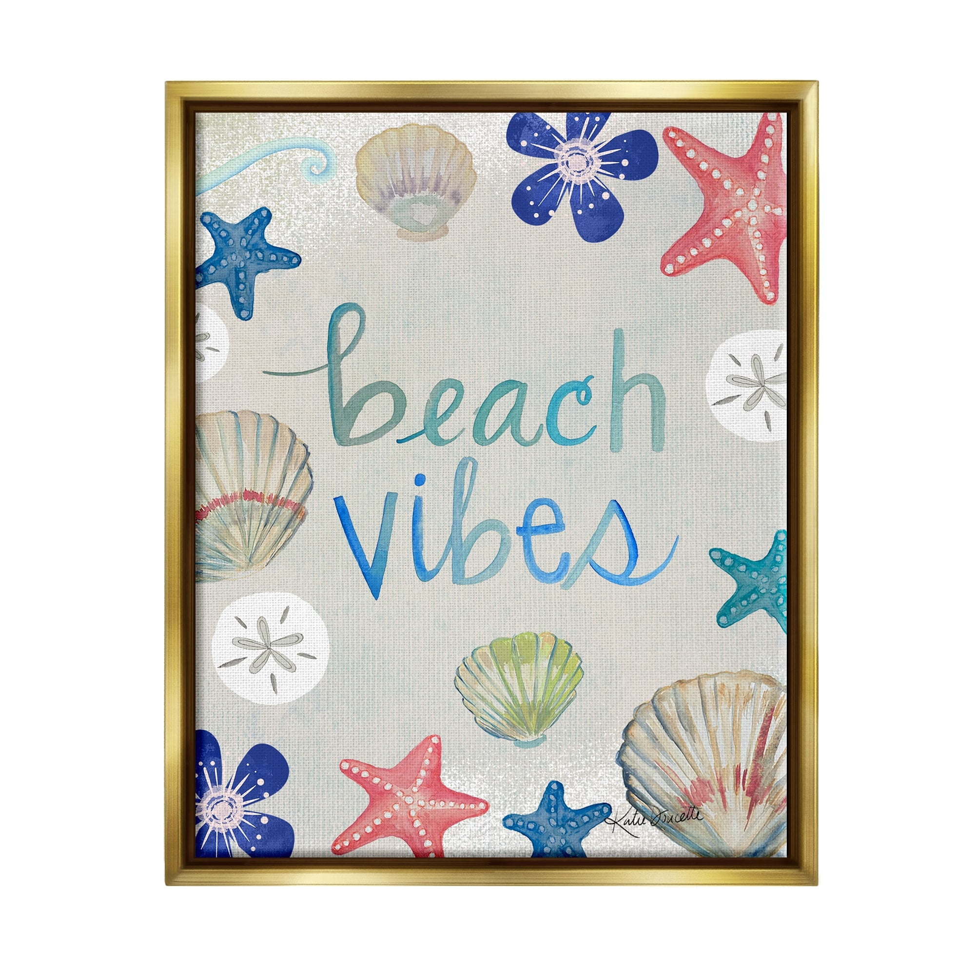 Stupell Industries Beach Vibes Calligraphy Nautical Seashell Flowers Graphic Art Metallic Gold Floating Framed Canvas Print Wall Art, Design by Katie Doucette