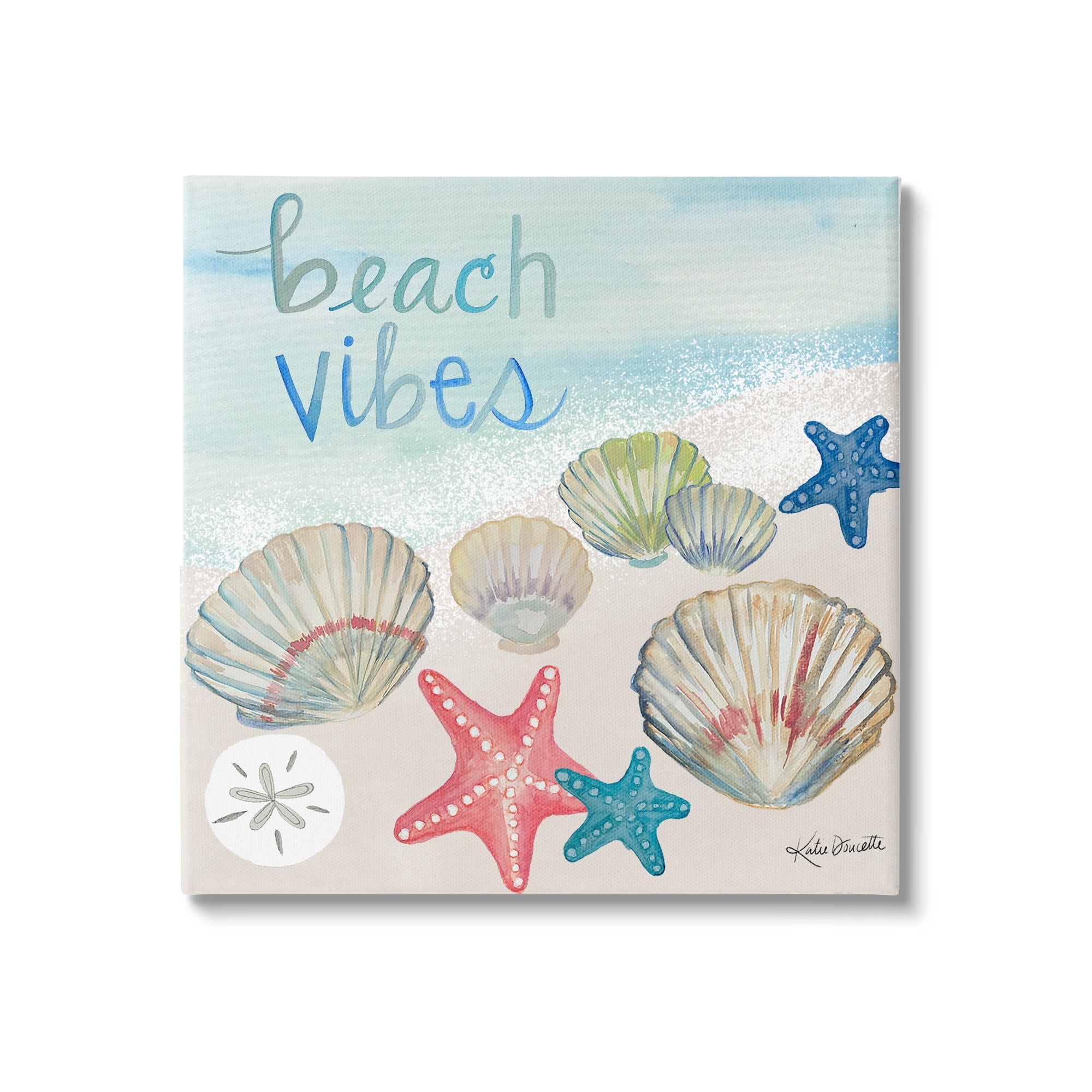Stupell Industries Beach Vibes Calligraphy Trendy Seashells Starfish Painting Canvas Wall Art, 24 x 24, Design by Katie Doucette