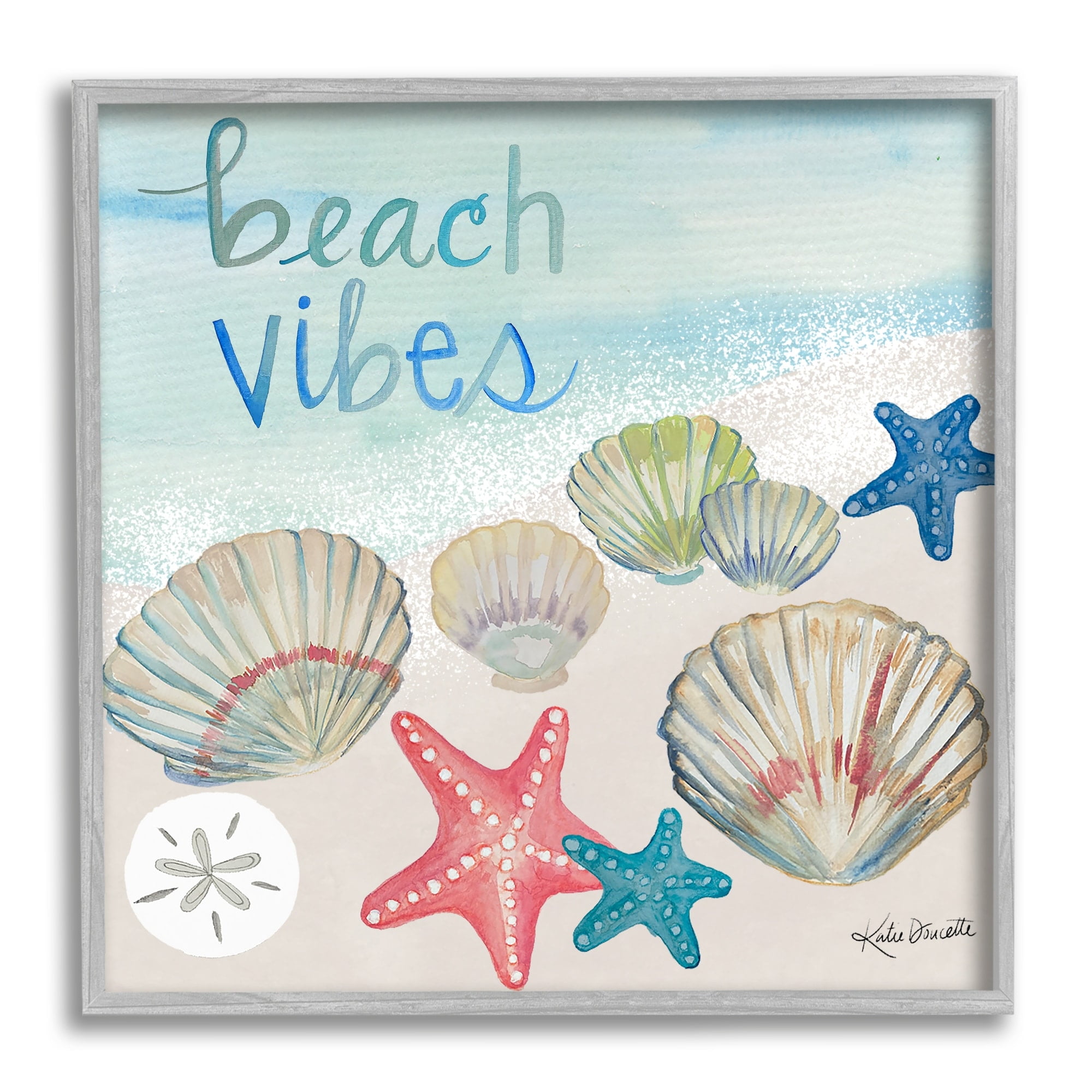 Stupell Industries Beach Vibes Calligraphy Trendy Seashells Starfish Painting Framed Wall Art, 24 x 24, Design by Katie Doucette