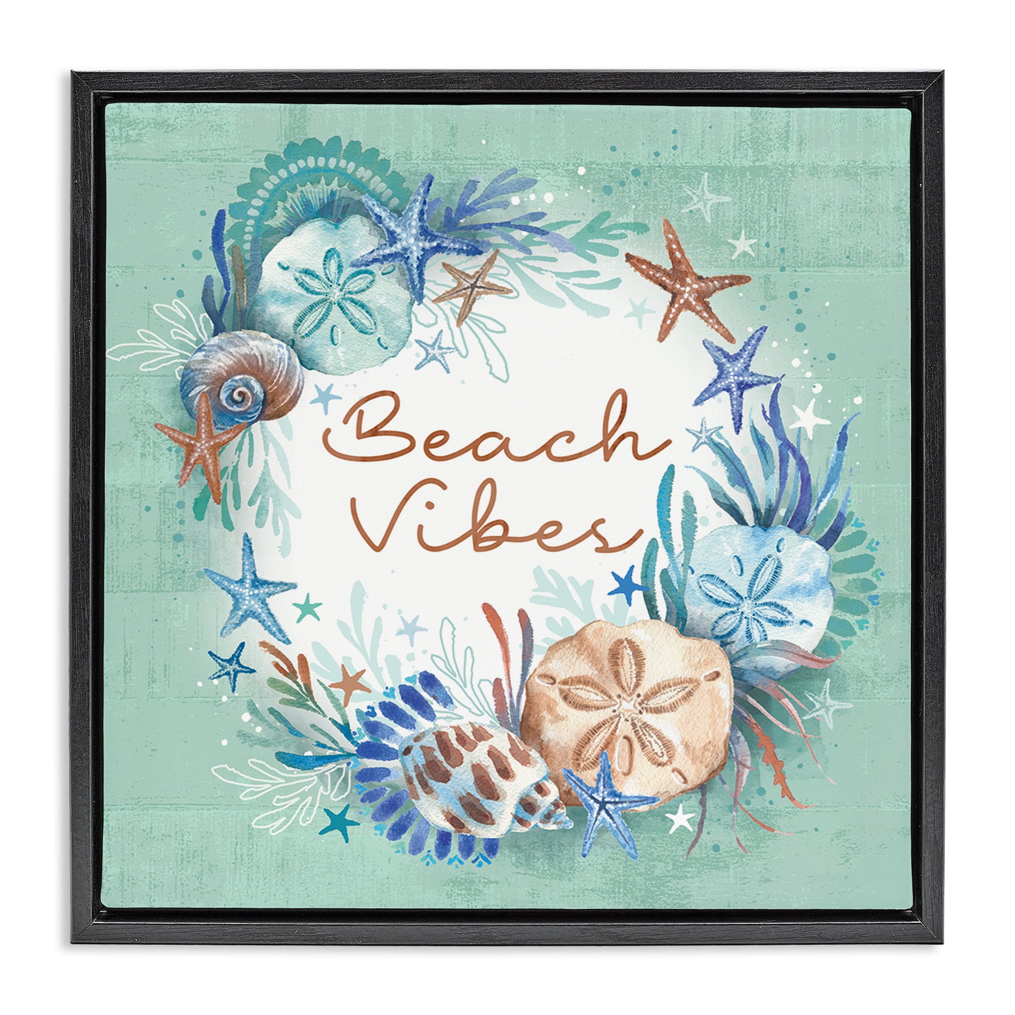 Stupell Industries Beach Vibes & Seashells Coastal Painting Black Floater Framed Canvas Art Print Wall Art, 25 x 25