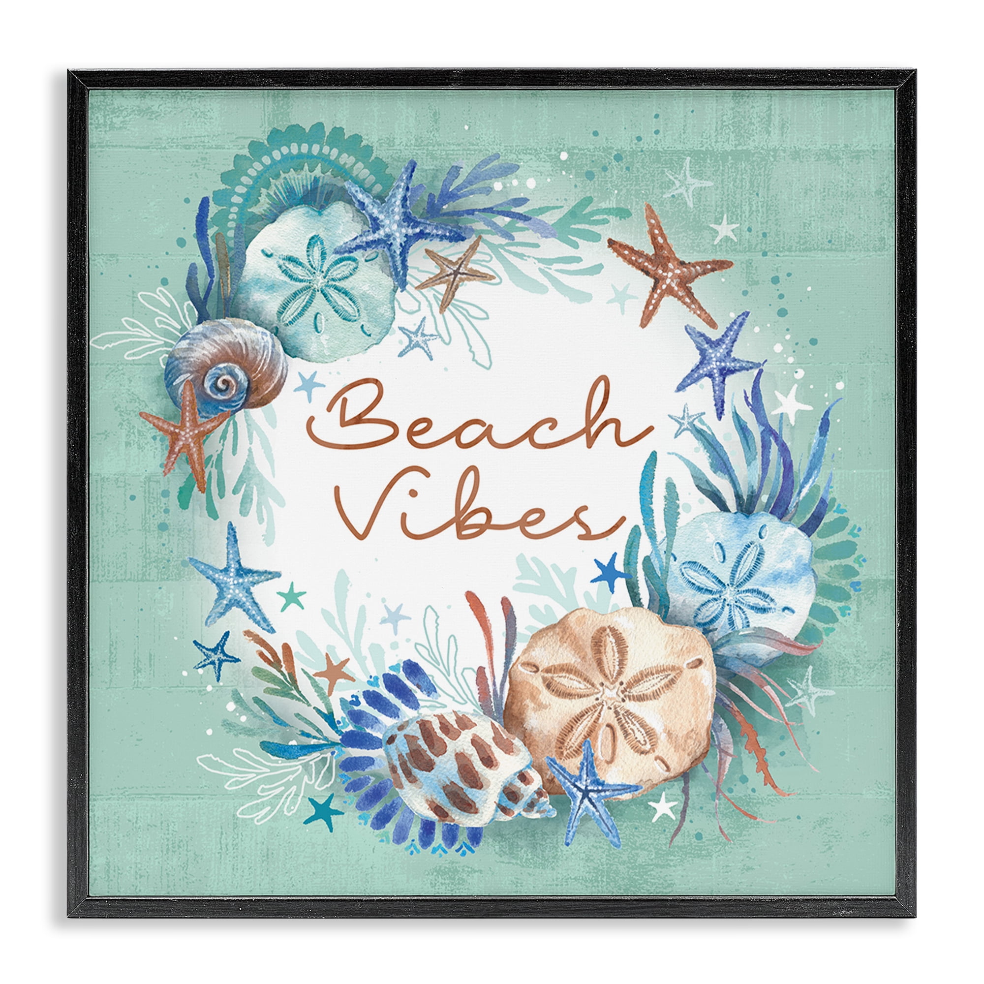 Stupell Industries Beach Vibes & Seashells Coastal Painting Black Framed Art Print Wall Art, 17 x 17