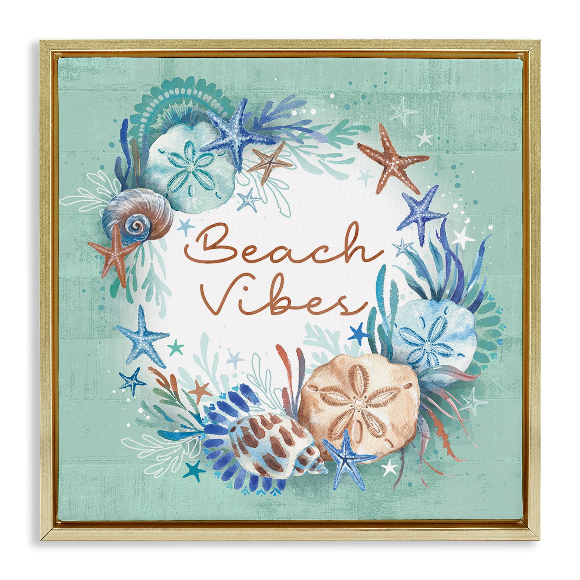 Stupell Industries Beach Vibes & Seashells Coastal Painting Gold Floater Framed Canvas Art Print Wall Art, 25 x 25