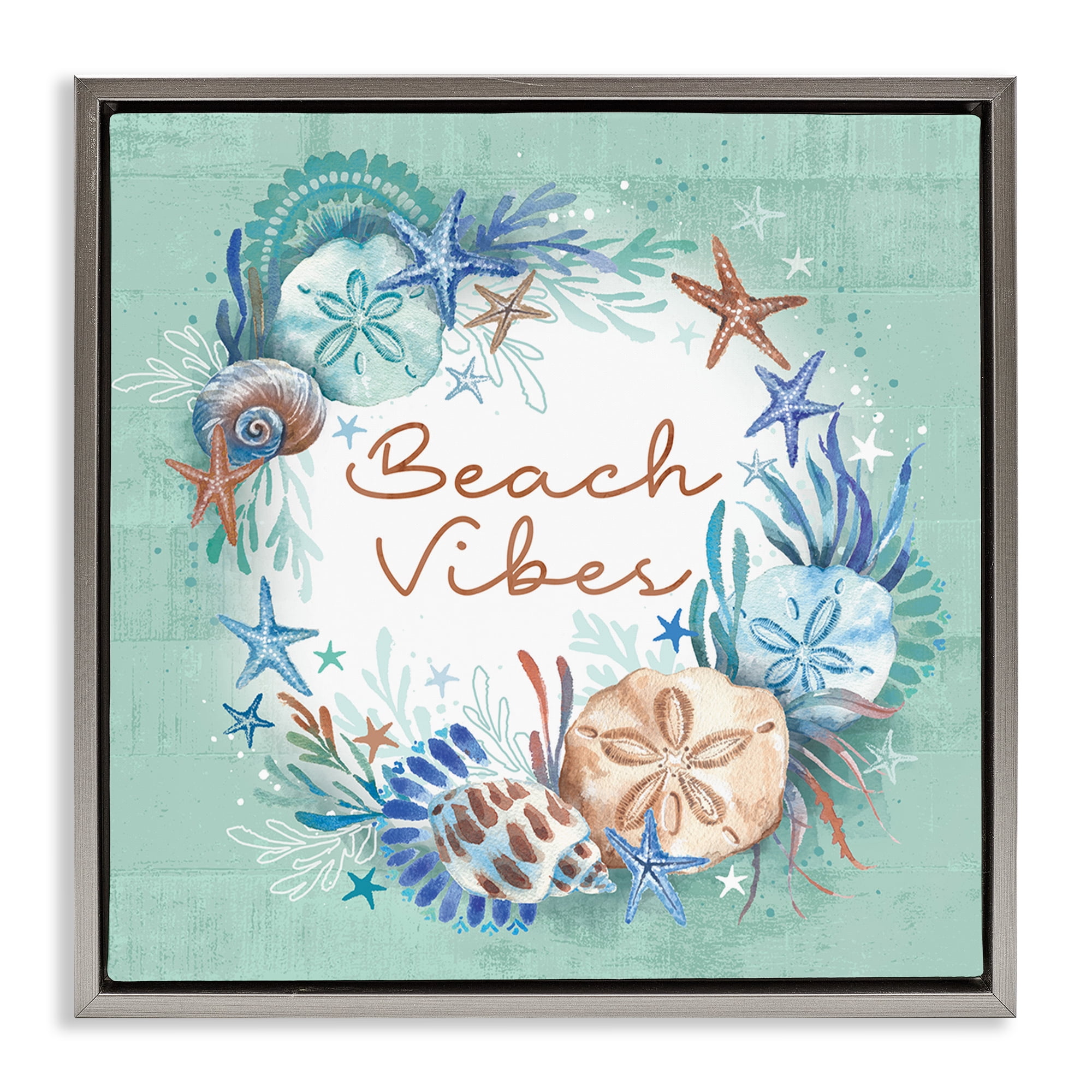 Stupell Industries Beach Vibes & Seashells Coastal Painting Gray Floater Framed Canvas Art Print Wall Art, 25 x 25