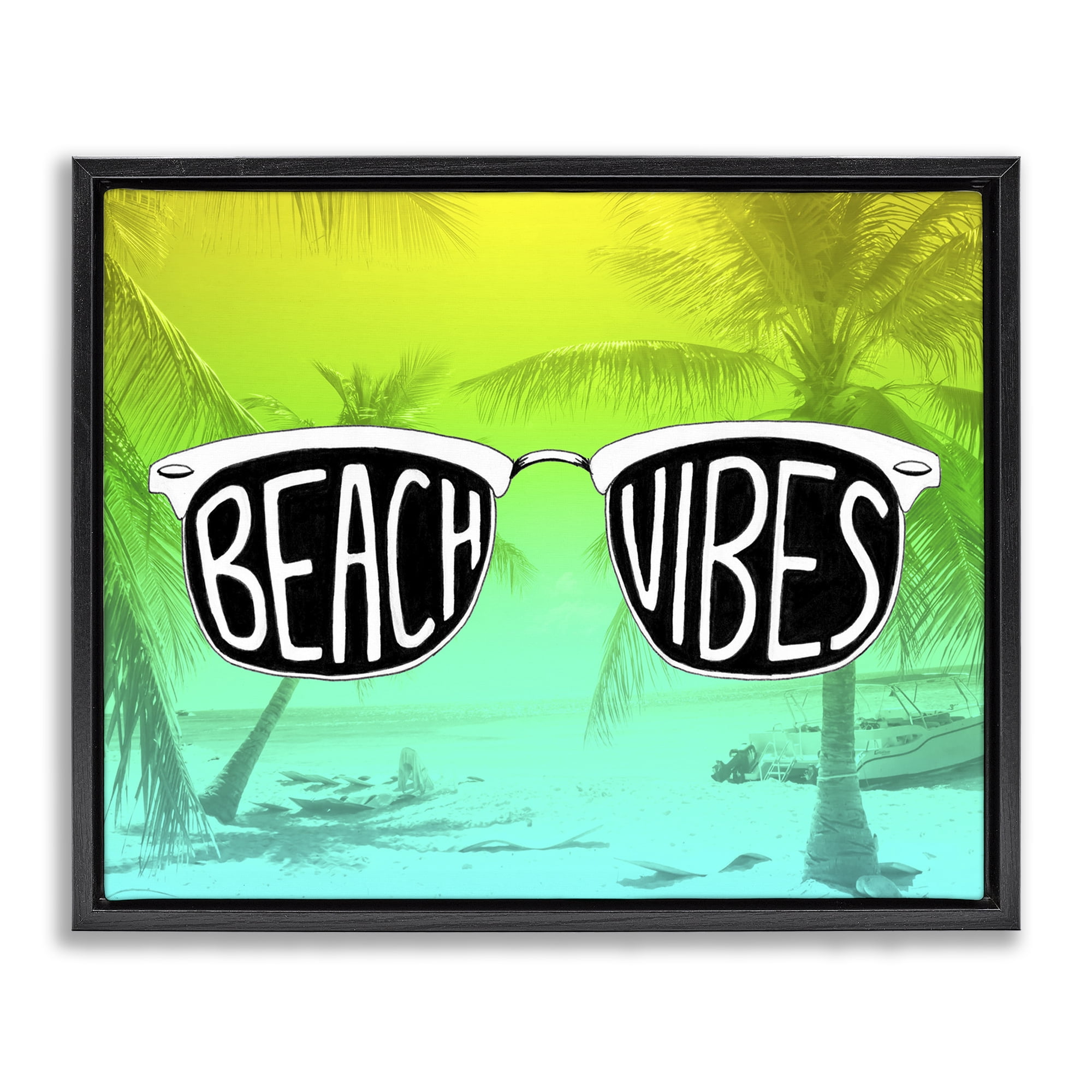 Stupell Industries Beach Vibes Sunglasses Typography Painting Black Floater Framed Canvas Art Print Wall Art, 31 x 25