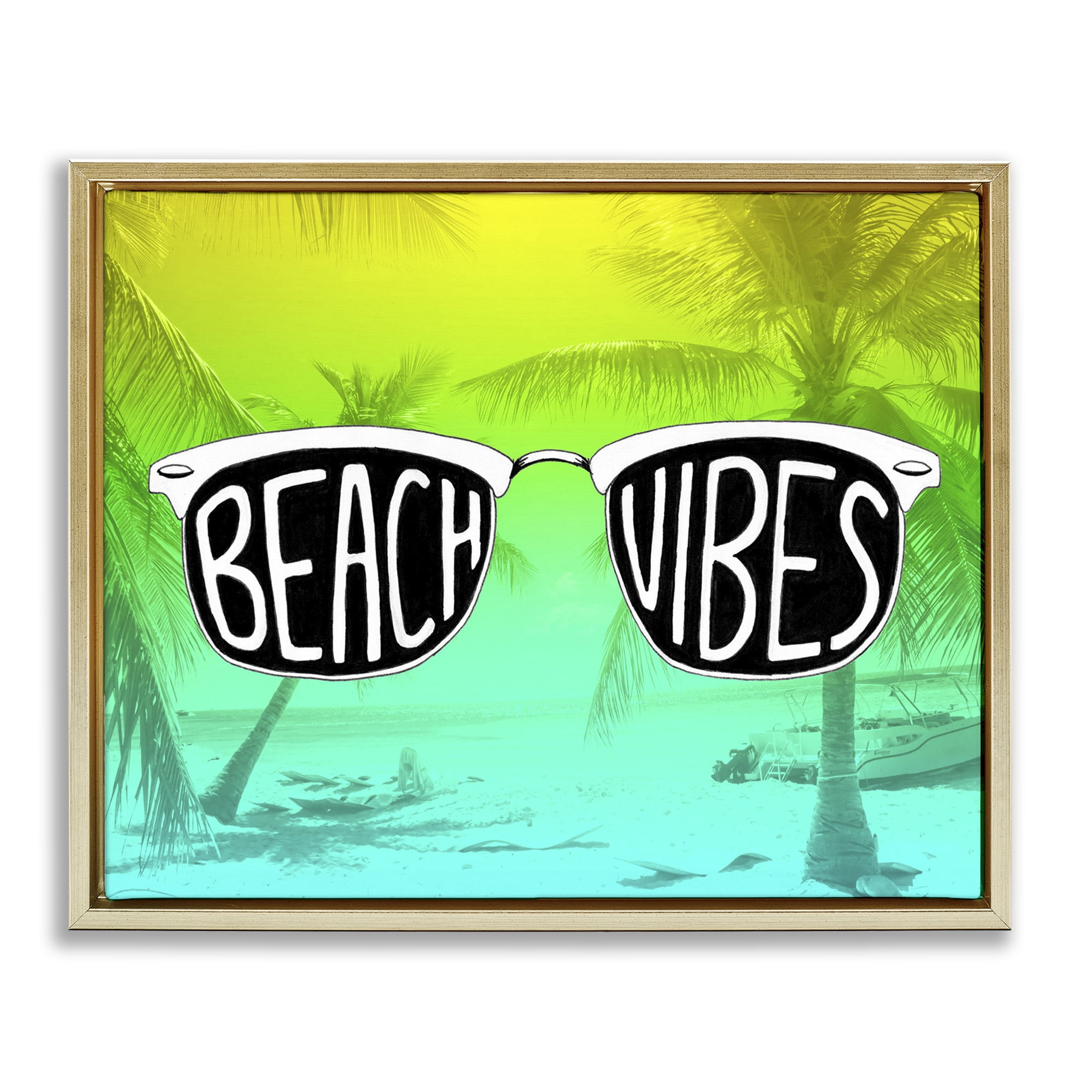 Stupell Industries Beach Vibes Sunglasses Typography Painting Gold Floater Framed Canvas Art Print Wall Art, 21 x 17