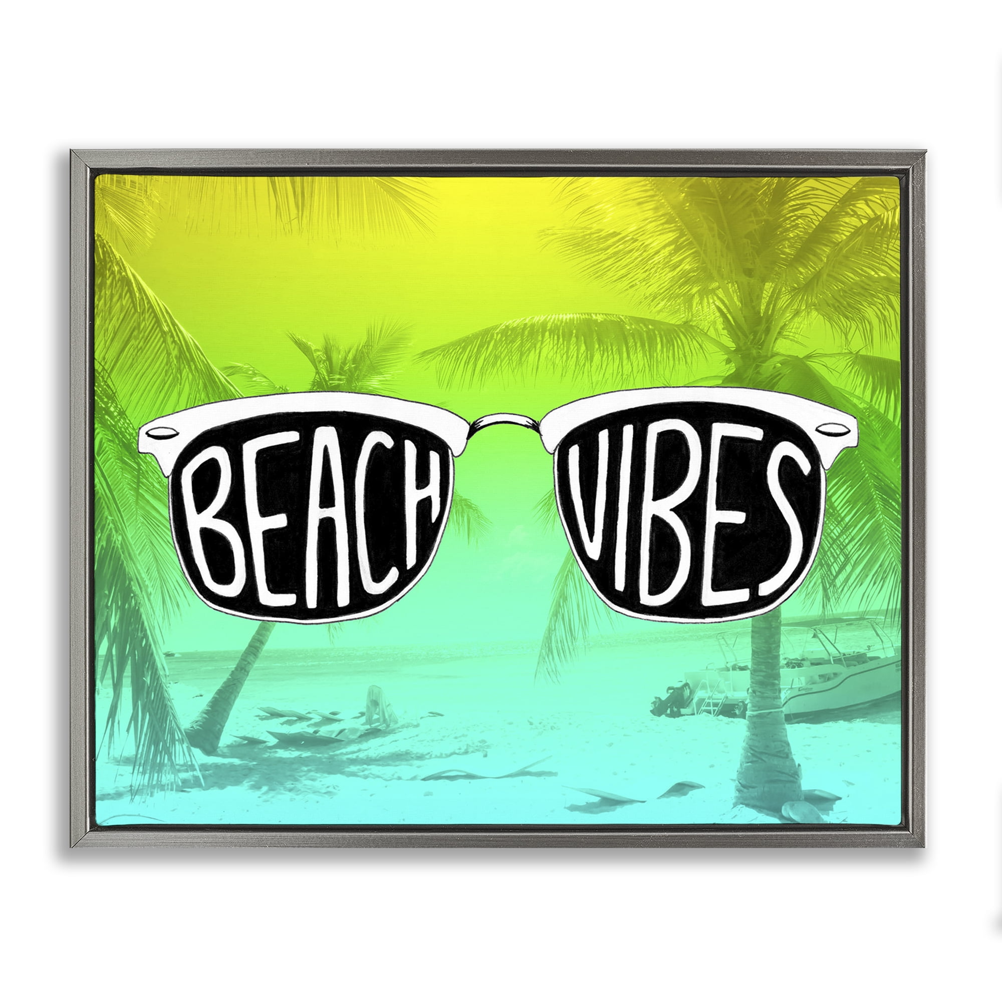 Stupell Industries Beach Vibes Sunglasses Typography Painting Gray Floater Framed Canvas Art Print Wall Art, 21 x 17