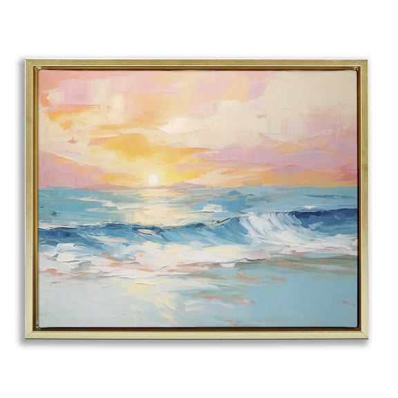 Stupell Industries Beach Waves Bright Sunset Nautical & Beach Painting Gold Floater Framed Canvas Art Print Wall Art, 21 x 17