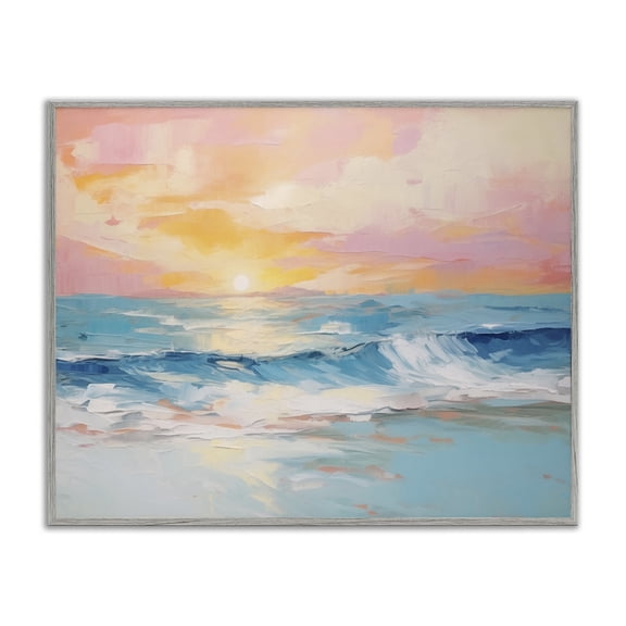 Stupell Industries Beach Waves Bright Sunset Nautical & Beach Painting Gray Framed Art Print Wall Art, 14 x 11