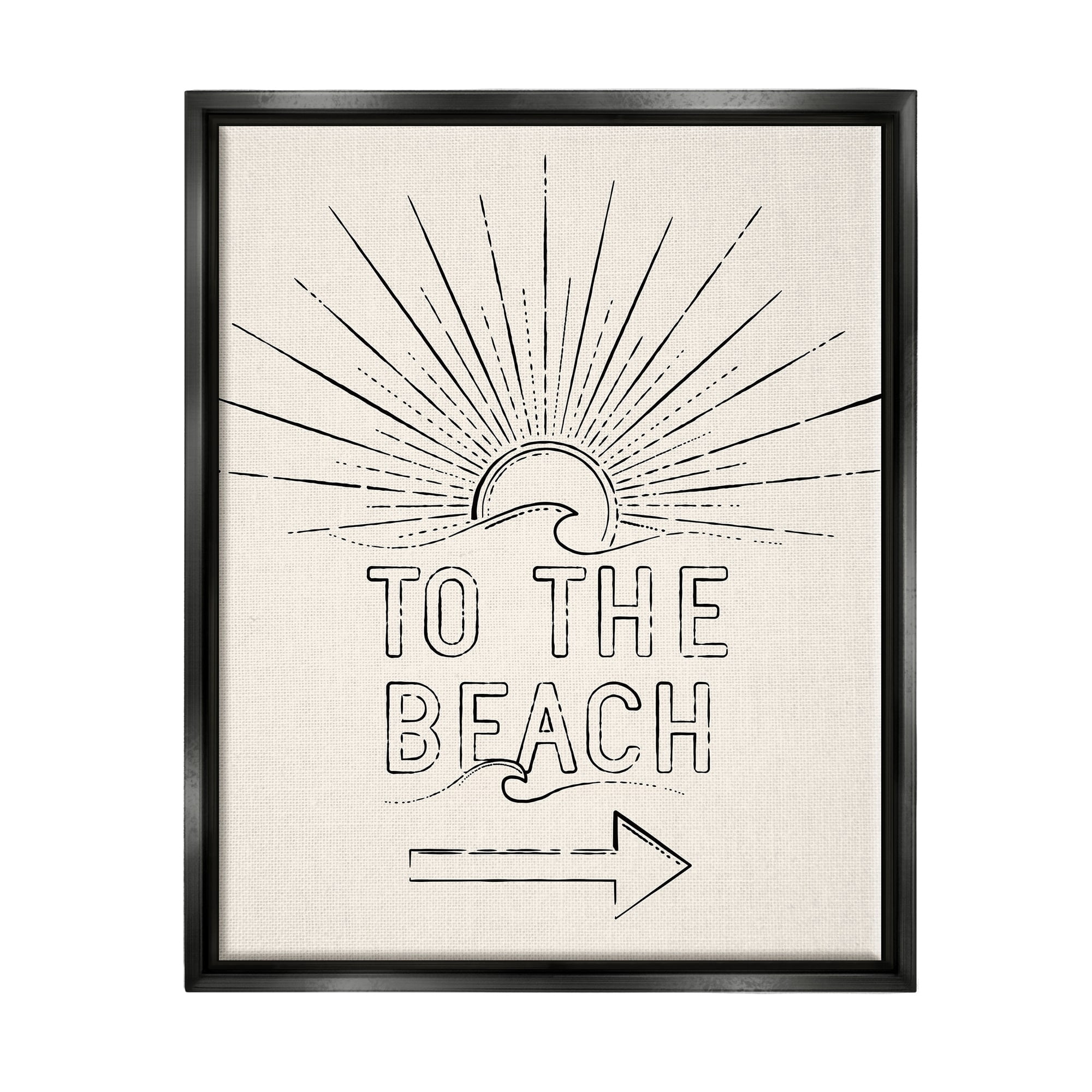 Stupell Industries To The Beach Weathered Vintage Sun Horizon Typography Graphic Art Jet Black Floating Framed Canvas Print Wall Art, Design by JJ Design House LLC